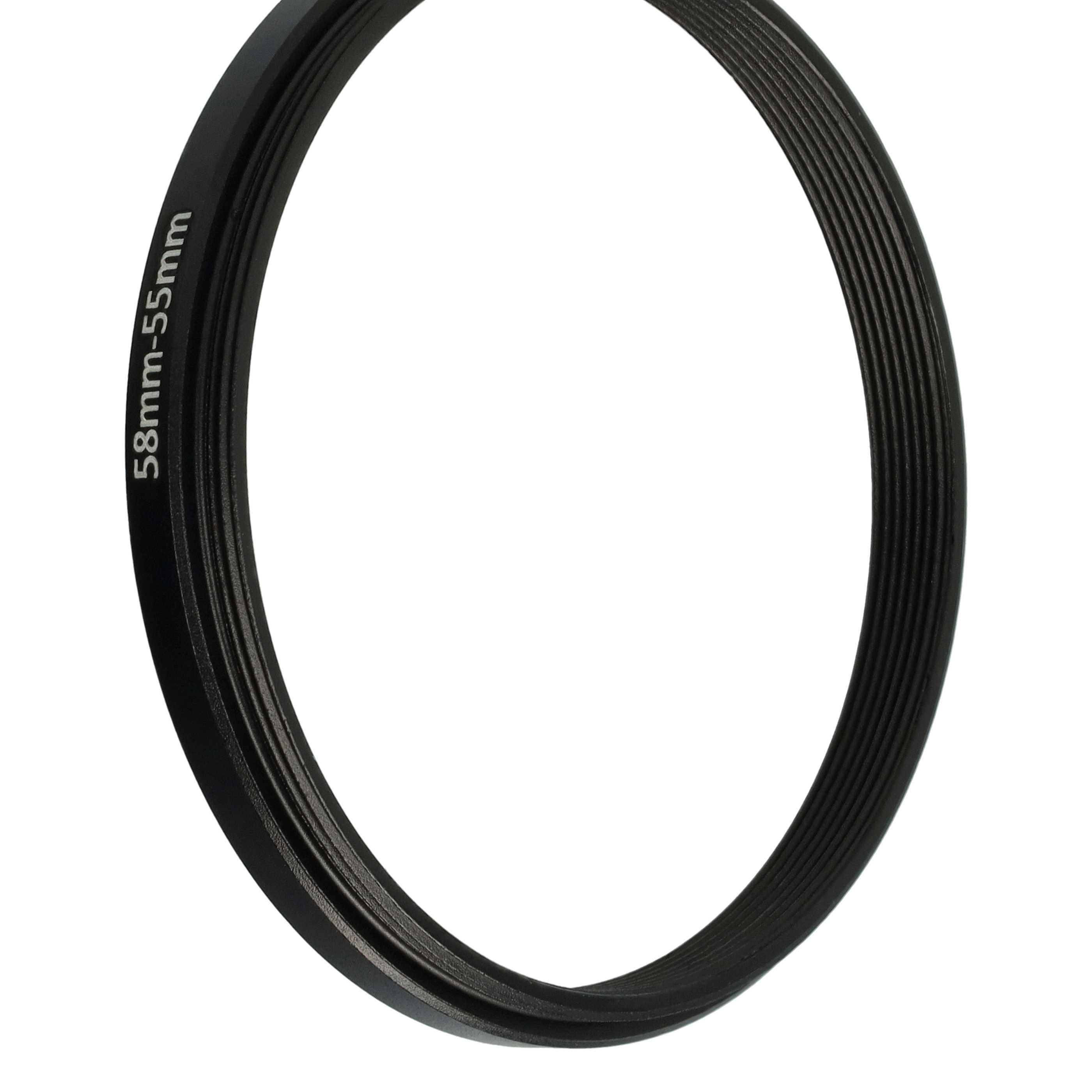 Ein schwarzer Metallring mit geriffelter Oberfläche, markiert mit 58mm-55mm. Der Hintergrund ist weiß.