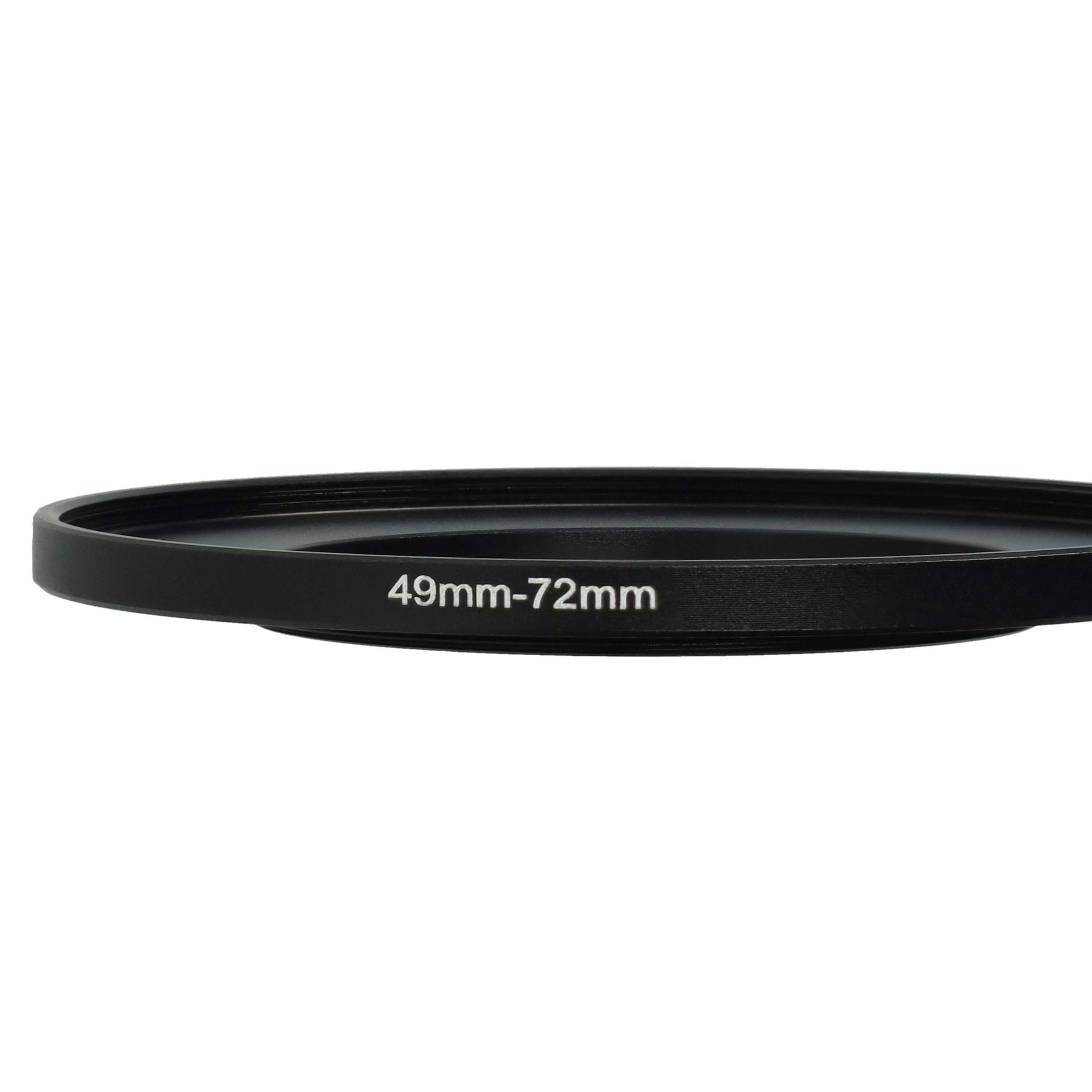 Ein schwarzer Objektivfilterring mit dem Text '49mm-72mm' vor weißem Hintergrund.
