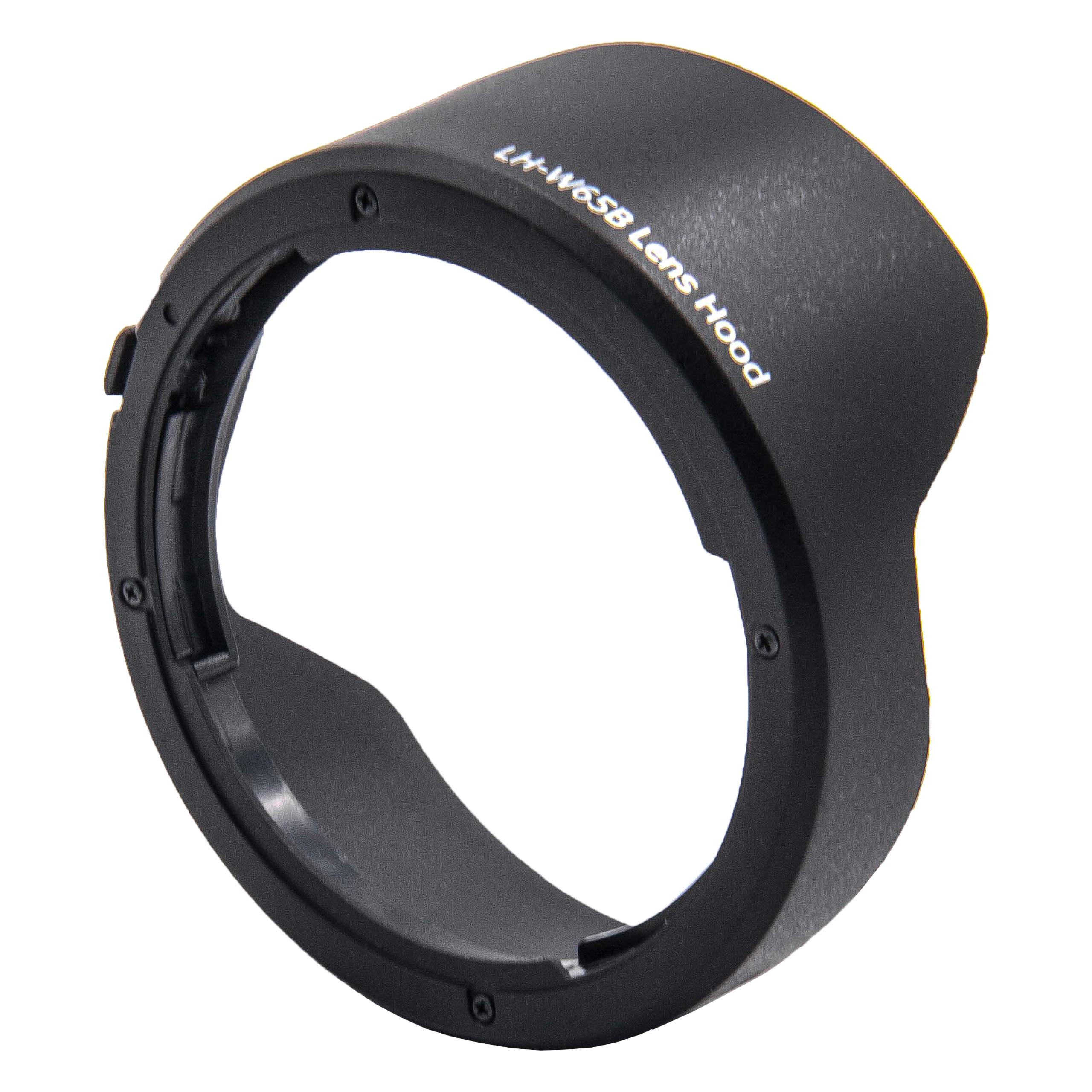 Eine schwarze Objektiv-Gegenlichtblende mit der Aufschrift 'LH-W65B Lens Hood' auf weißem Hintergrund. Die Blende ist kreisförmig.