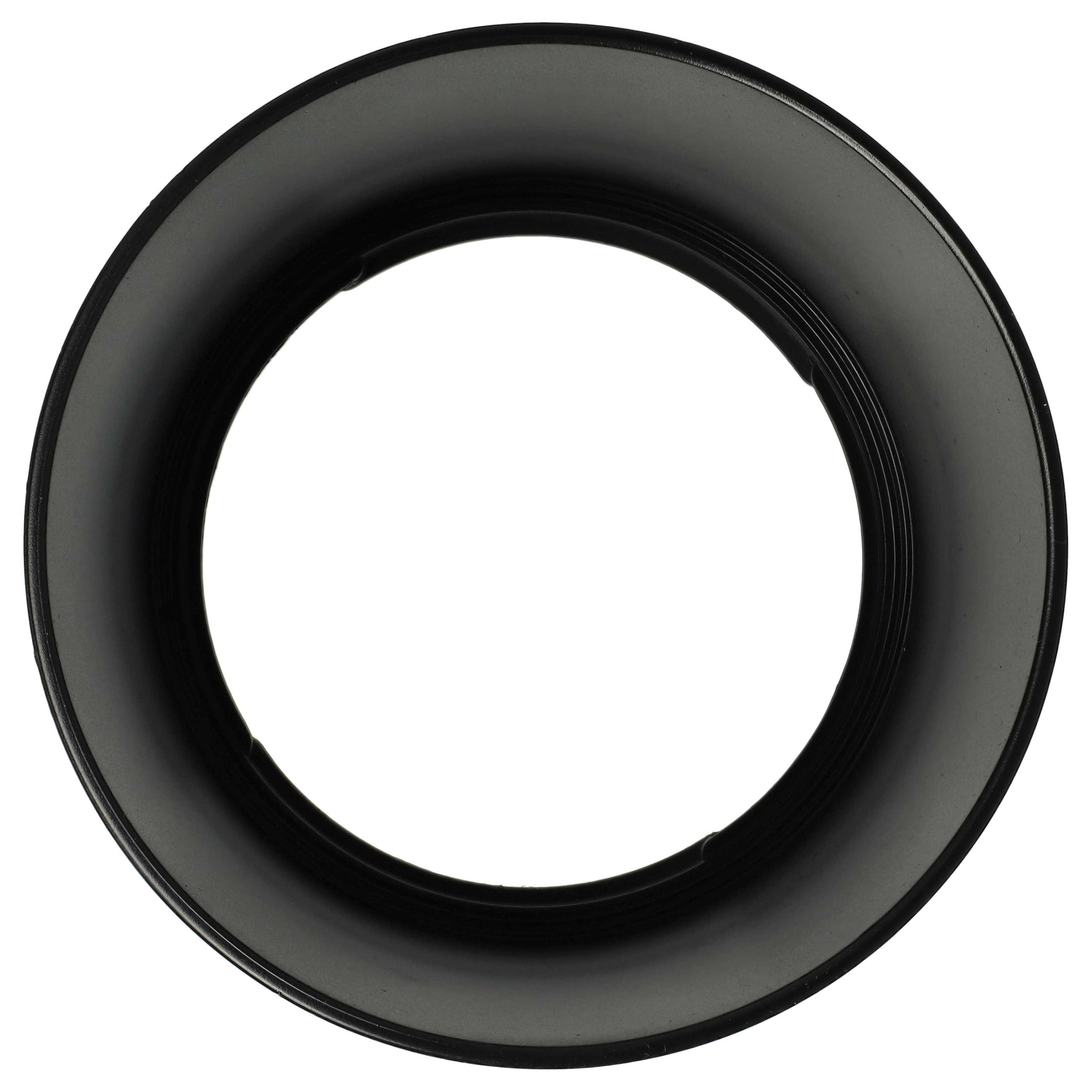 Eine schwarze Objektiv-Gegenlichtblende ist auf weißem Hintergrund zentriert. Sie ist kreisförmig mit breitem Rand und kleinerer Öffnung.