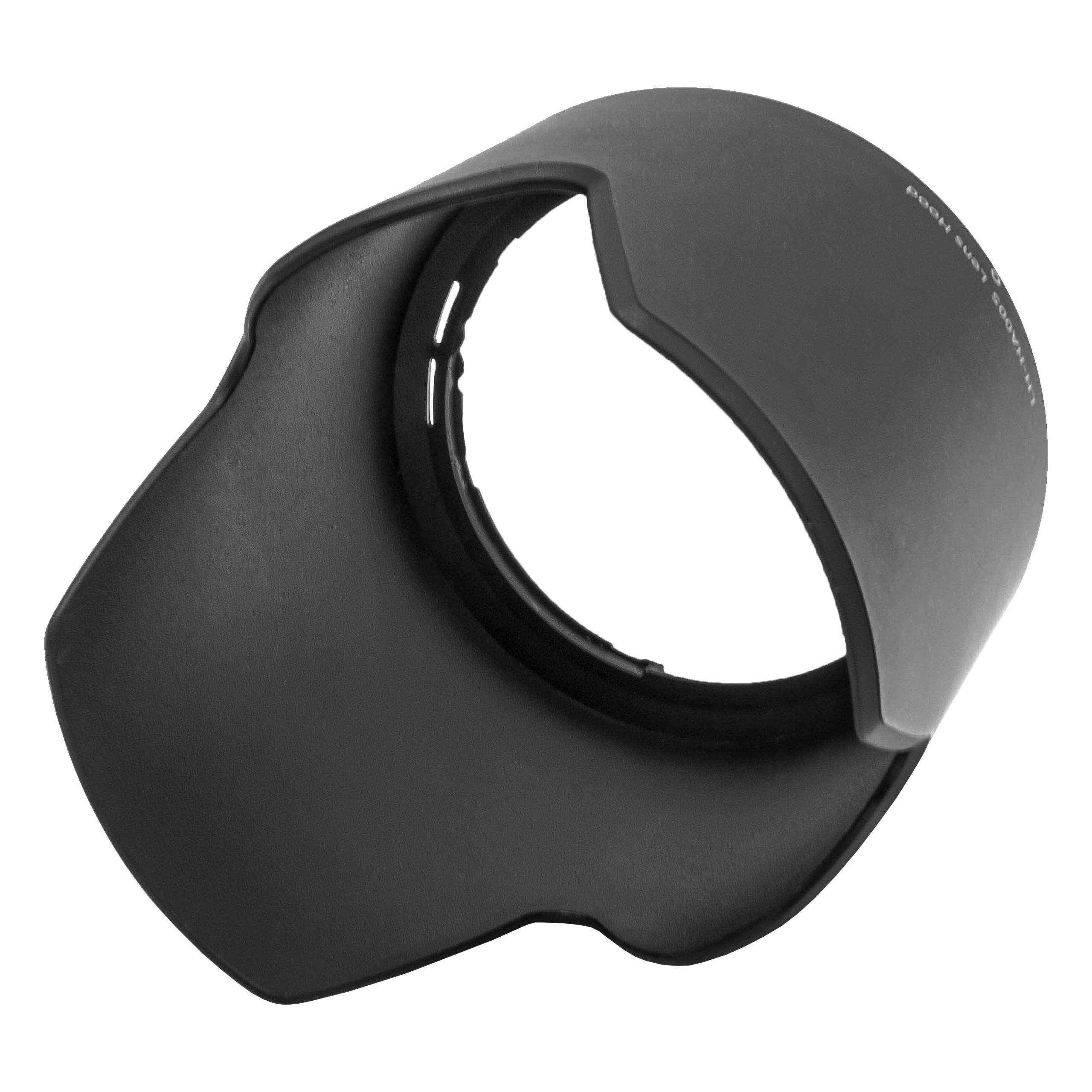 Eine schwarze Sonnenblende vor weißem Hintergrund. Es hat eine gebogene, zylindrische Form mit ausgestellter Front.
