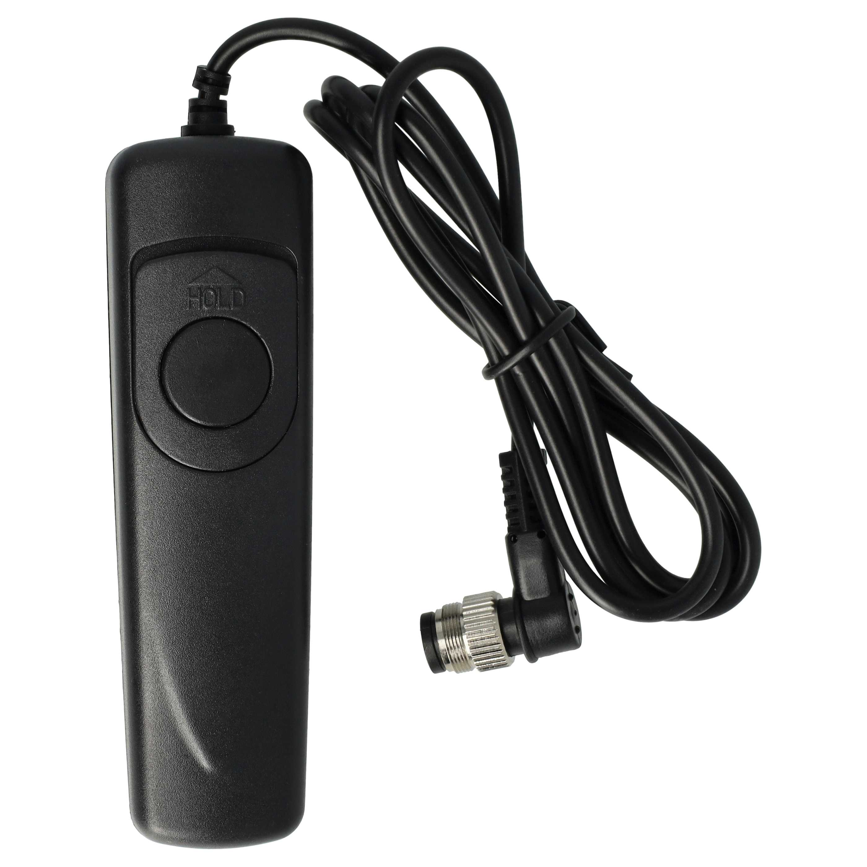 Schwarze Kamera-Fernbedienung mit Kabel und Stecker. Die Fernbedienung hat eine Taste und die Aufschrift 'HOLD'.