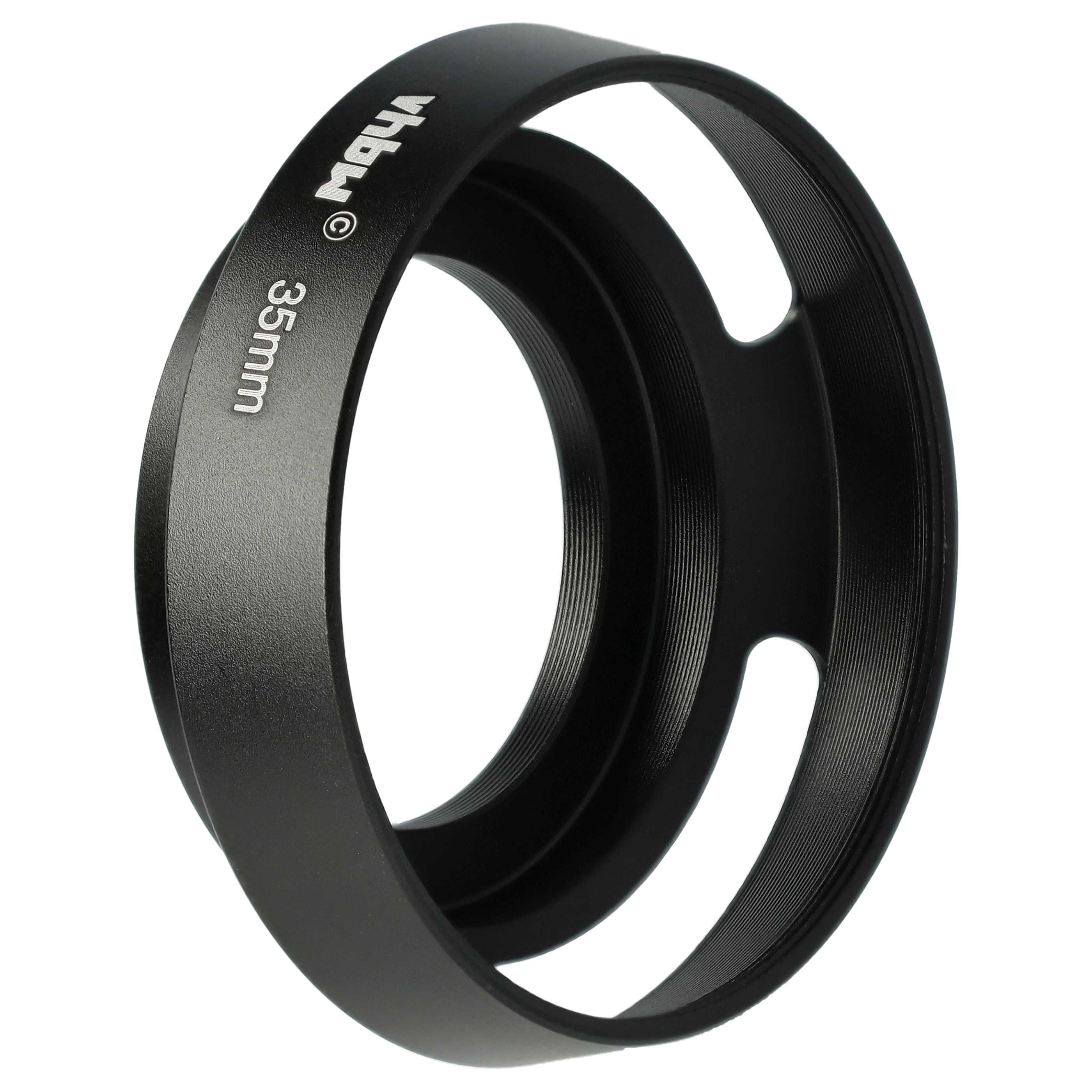 Eine schwarze Sonnenblende mit Markennamen und Größenangaben. Sie hat eine Ringform und zwei Ausschnitte.