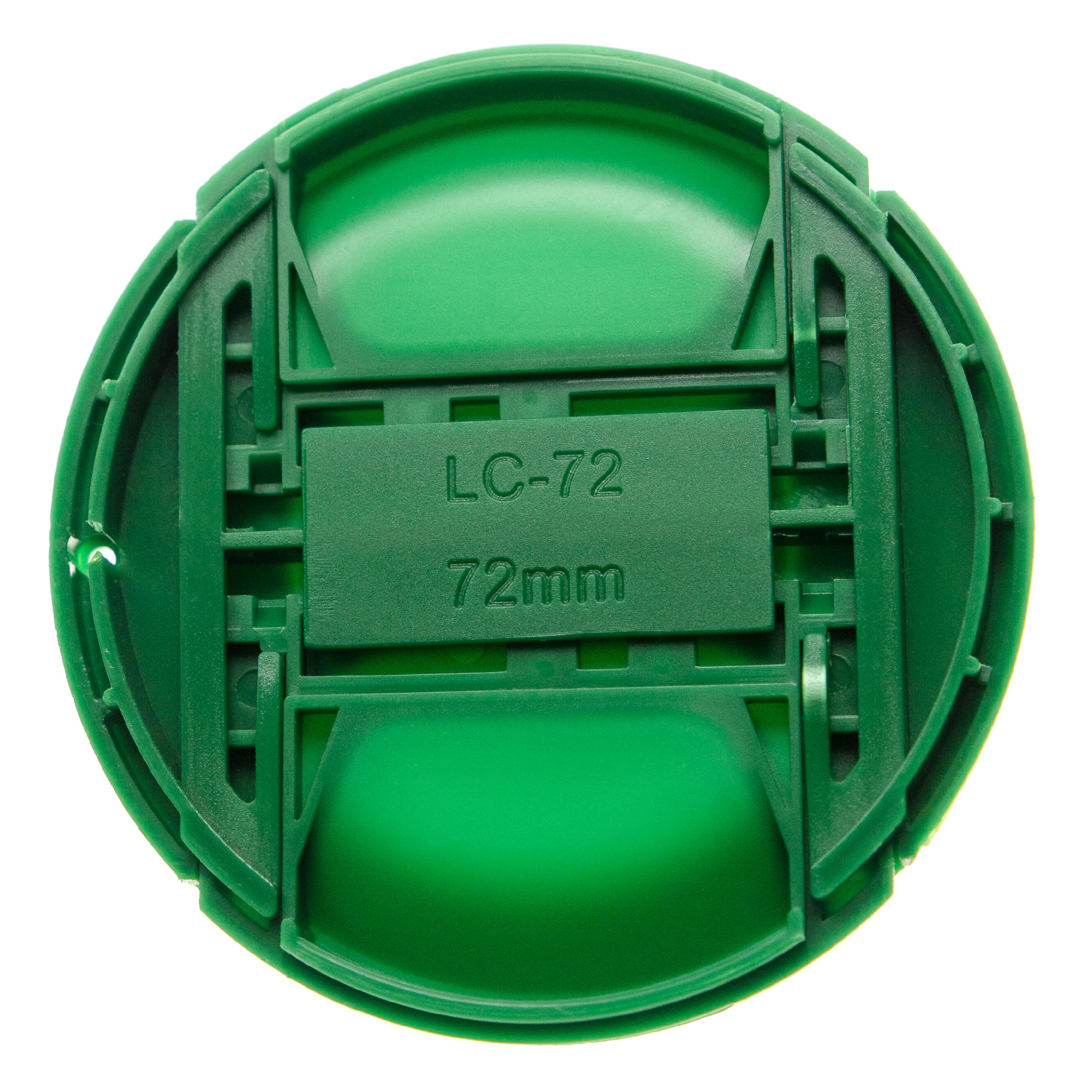 Eine grüne Objektivkappe mit der Aufschrift 'LC-72 72mm' in der Mitte. Die Kappe ist kreisförmig, mit weißen Hintergrund.