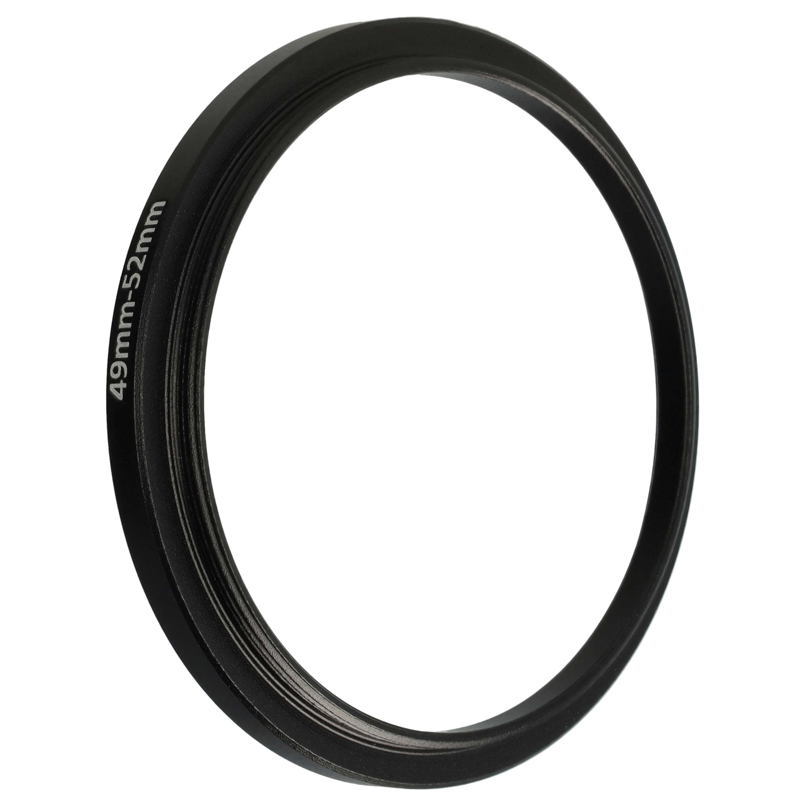 Ein schwarzer, kreisförmiger Adapterring mit dem Text '49mm-52mm' an der Seite, vor weißem Hintergrund.