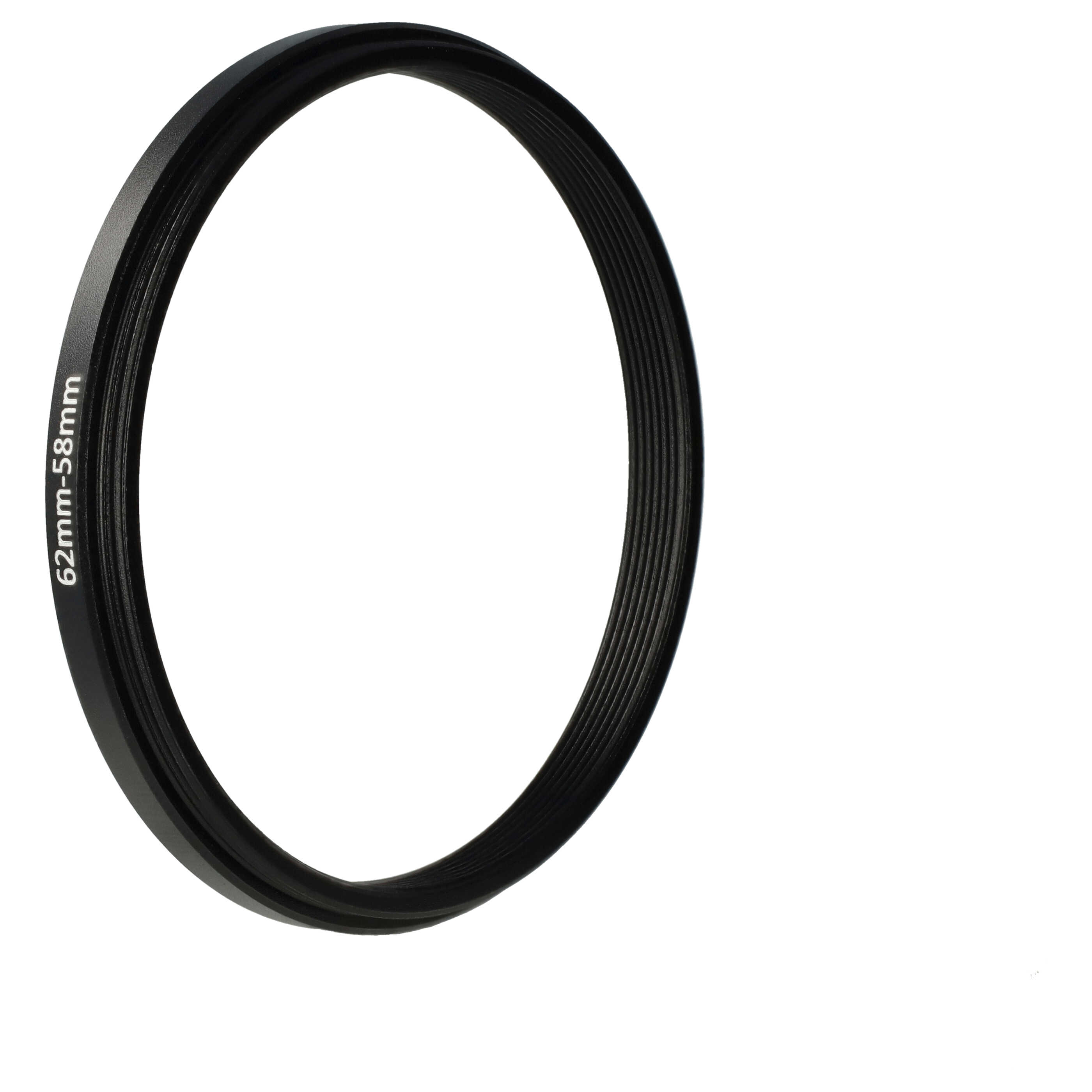 Ein schwarzer 62mm-58mm Objektivadapterring ist vor weißem Hintergrund isoliert. Der Ring ist kreisförmig und hat eine geriffelte Textur.