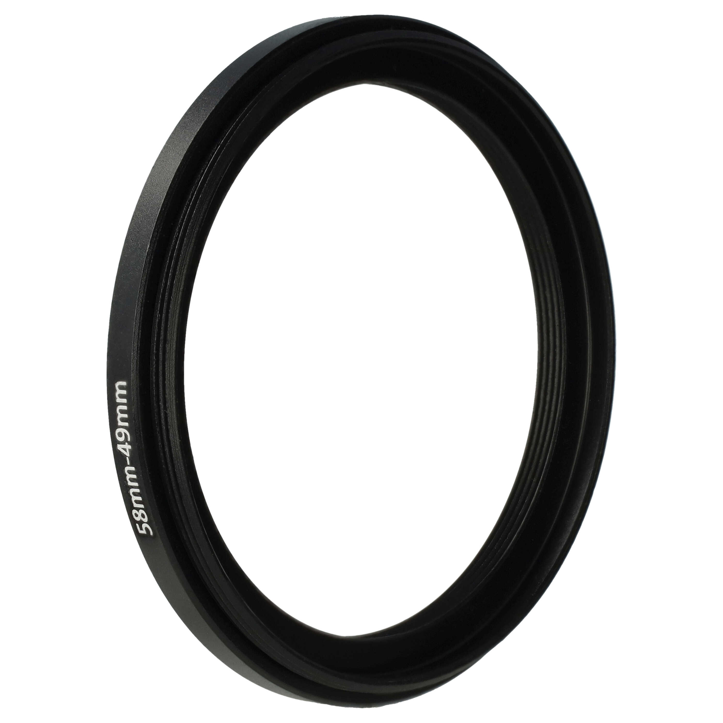 Ein schwarzer 58mm-49mm Kameraobjektivadapterring auf weißem Hintergrund. Der Ring ist kreisförmig.