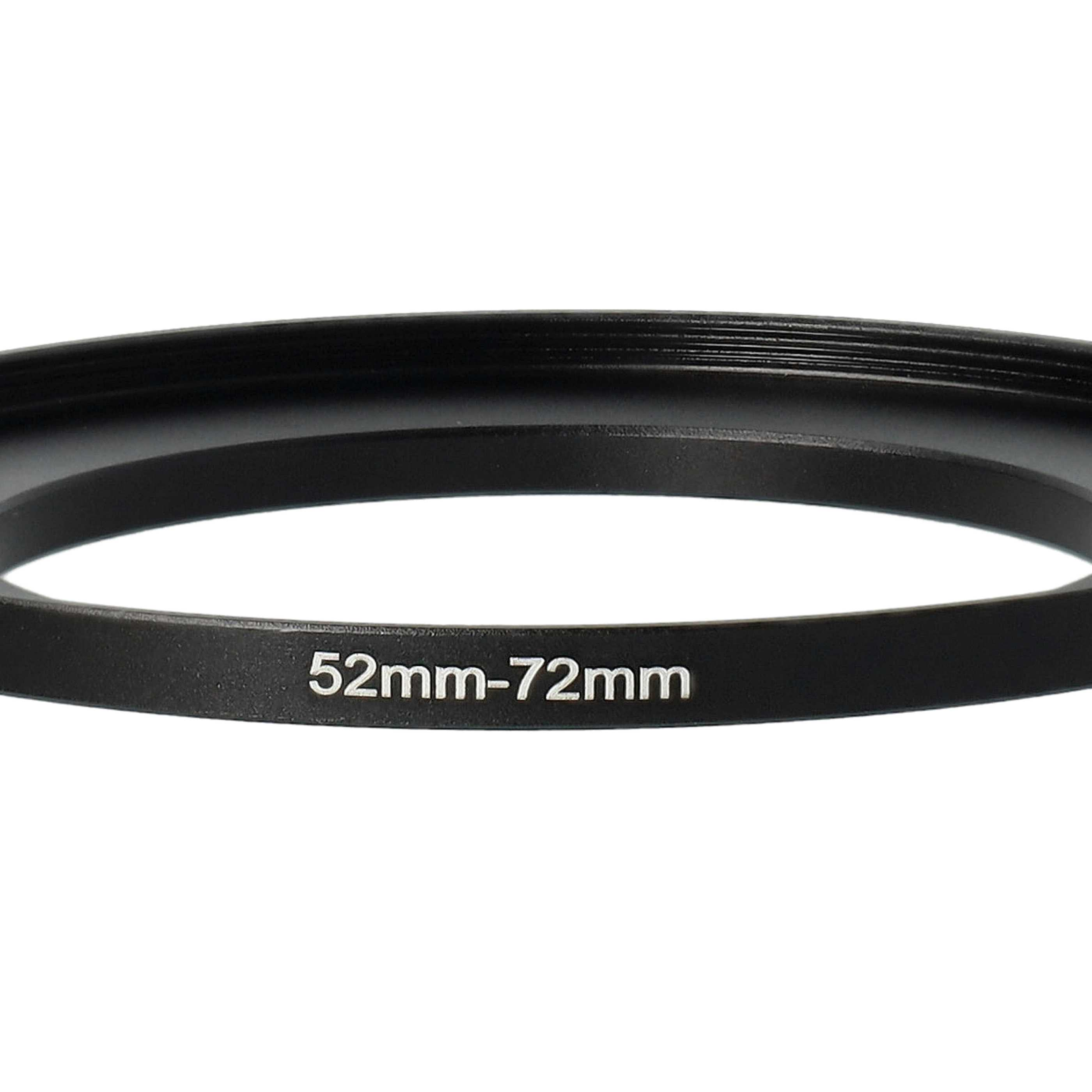 Ein schwarzer Objektivadapterring mit dem weißen Text '52mm-72mm'. Der Hintergrund ist schlicht weiß.