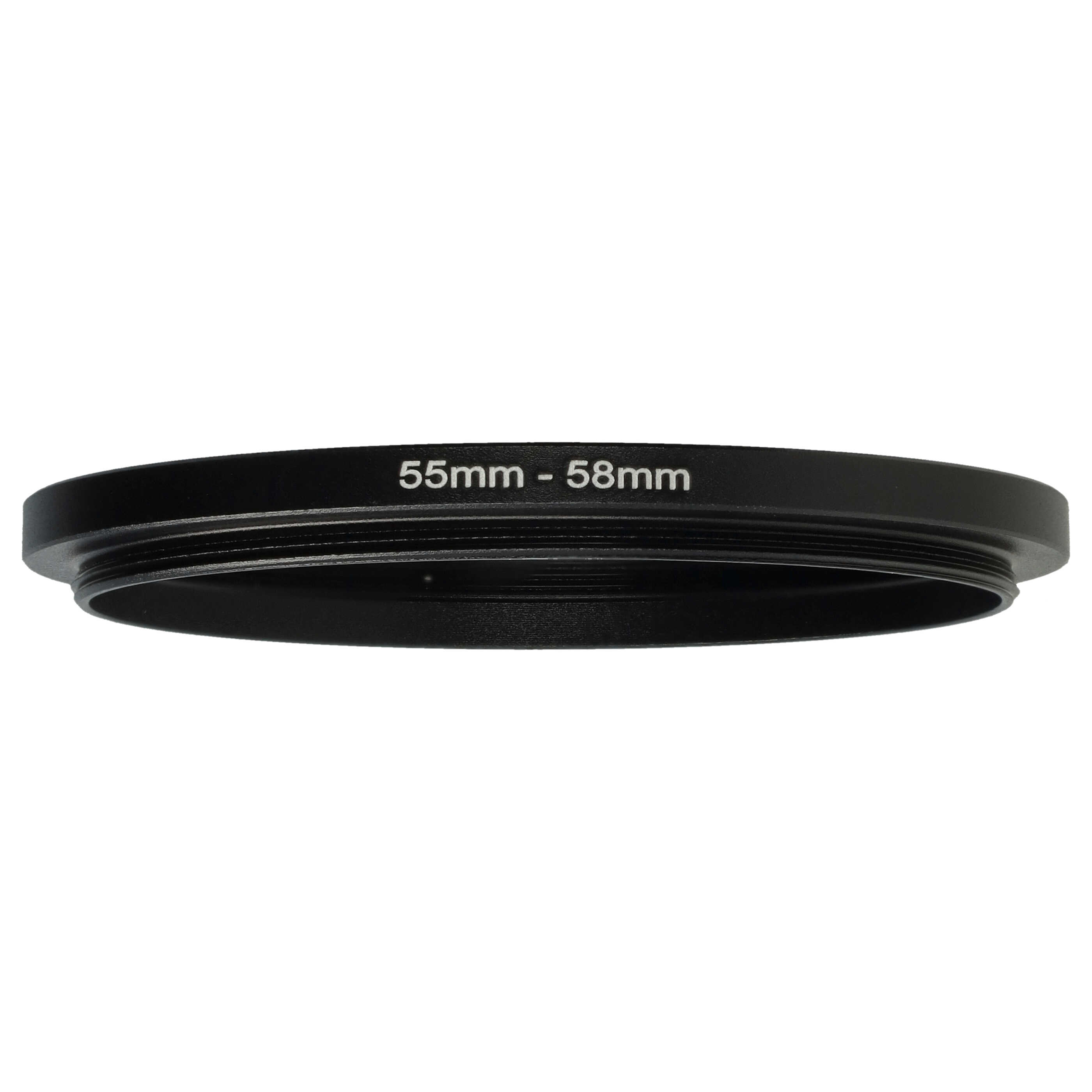 Schwarzer Kameraobjektivfilterring mit 55mm-58mm-Markierungen. Der Ring ist zentriert mit weißem Hintergrund.