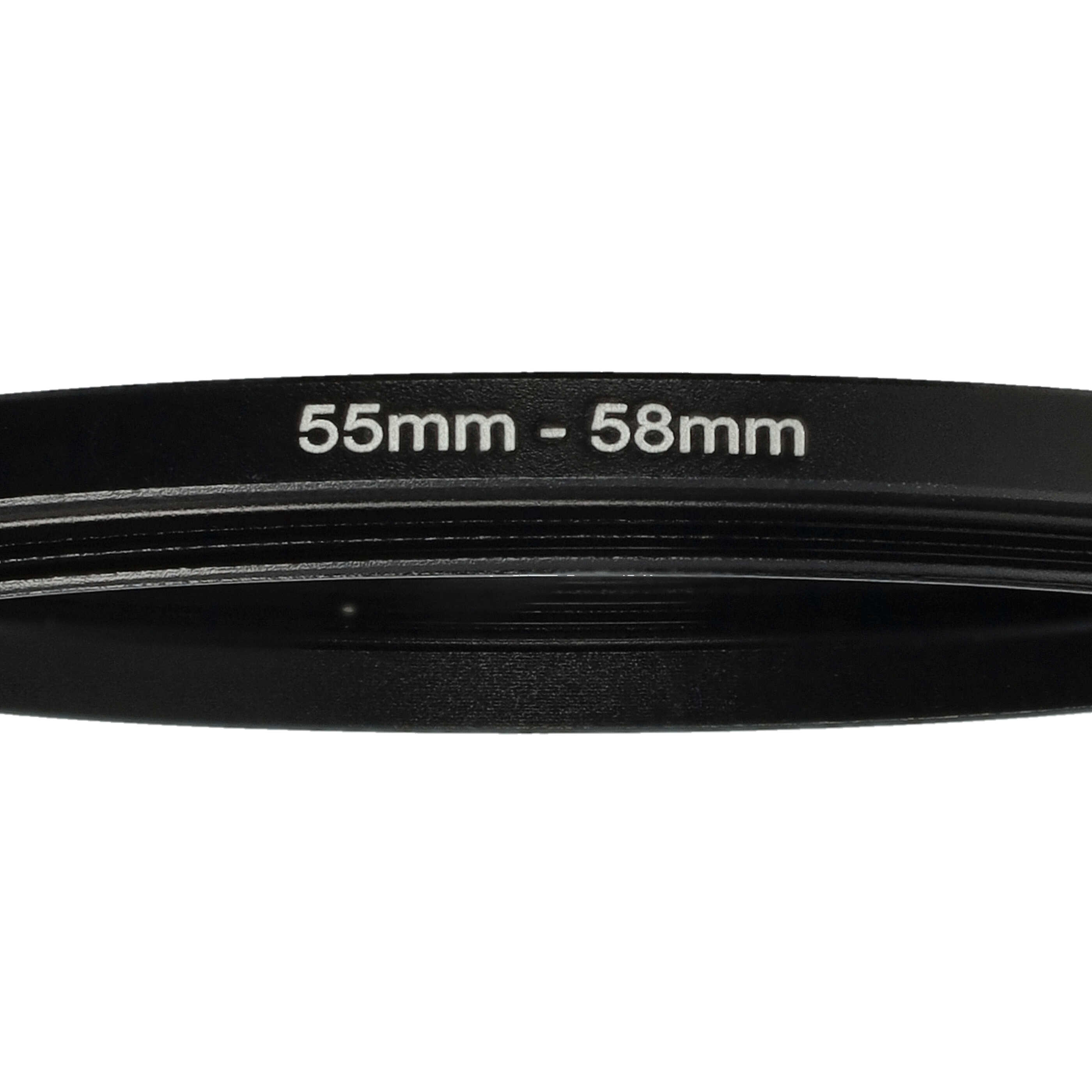 Ein schwarzer Objektivadapterring mit weißem Text, der '55mm - 58mm' auf weißem Hintergrund anzeigt.
