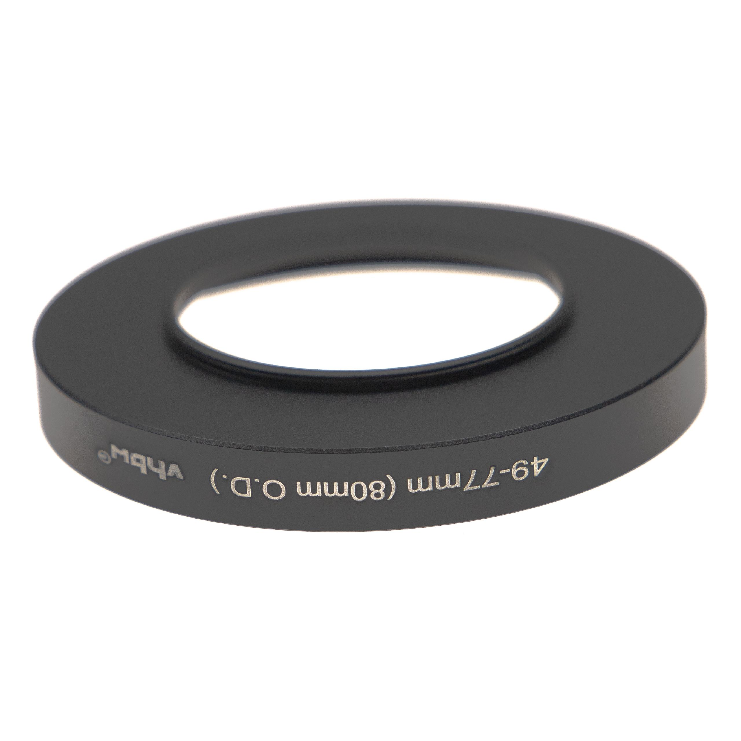 Ein schwarzer Objektivadapterring mit weißem Text. Er lautet "49-77mm (80mm O.D.) vhbw".