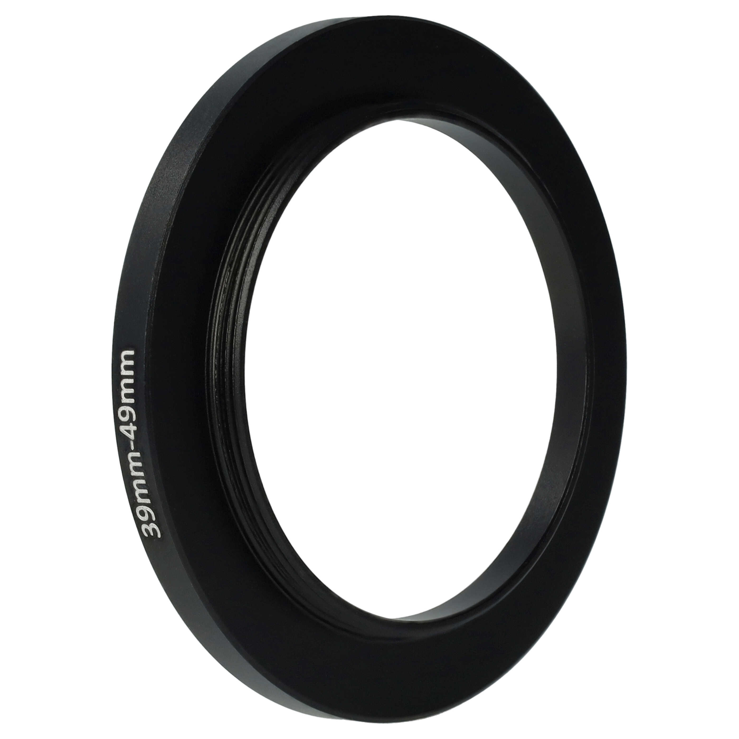 Schwarzer Metallring mit 39mm-49mm Text. Es ist ein Kameraobjektivadapter, isoliert auf weißem Hintergrund.