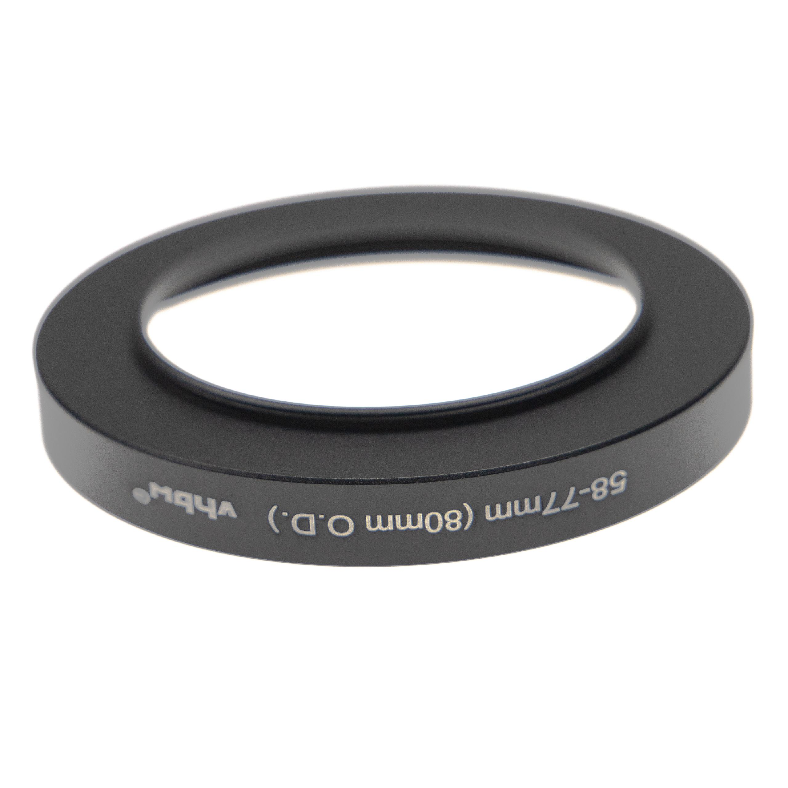 Ein schwarzer Objektivadapterring mit weißem Text. Er hat eine kreisförmige Form, mit dem Text '58-77mm (80mm O.D.)' darauf.