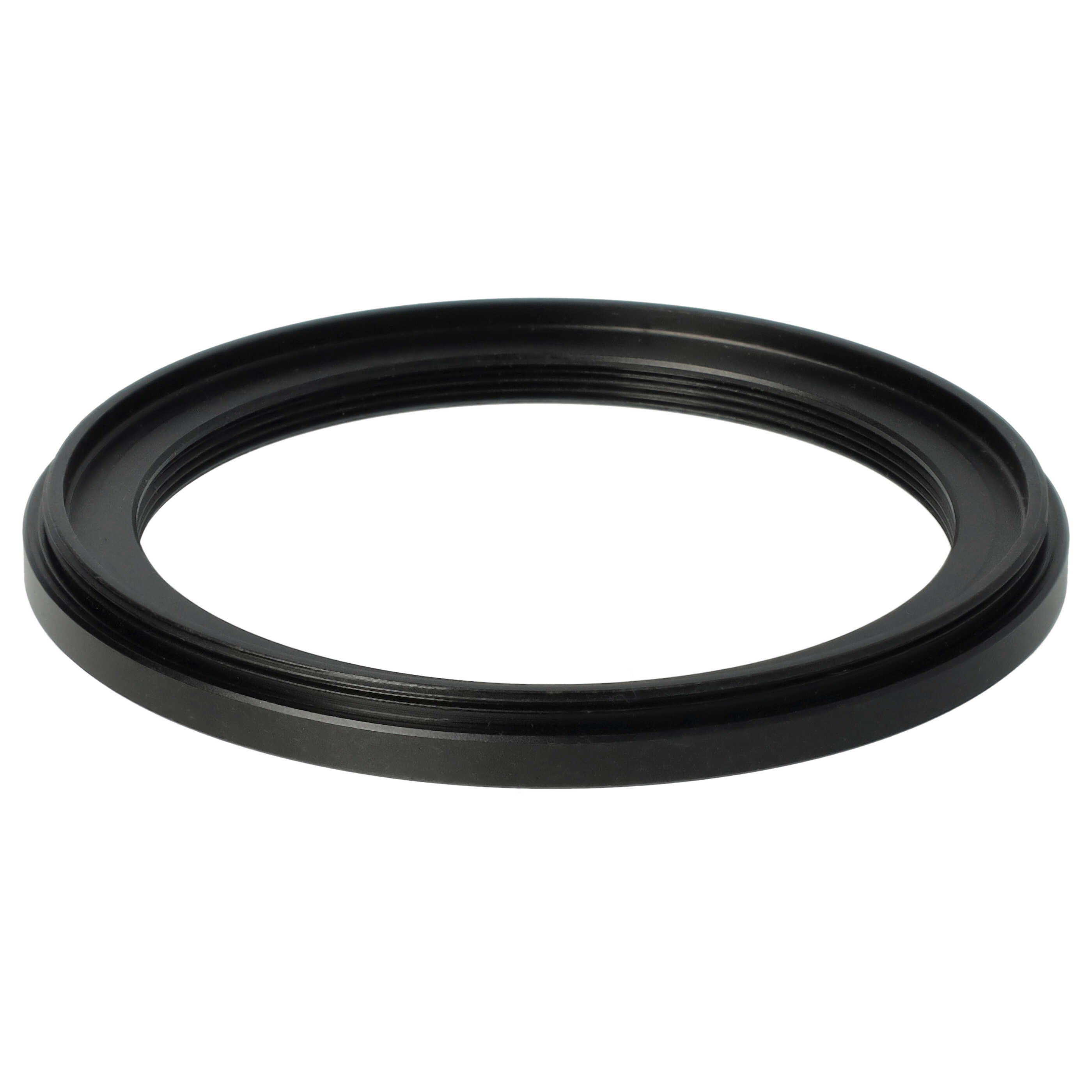 Ein schwarzer Objektivadapterring. Es ist eine kreisförmige Form mit einem Innengewinde und einem Außengewinde, isoliert auf Weiß.