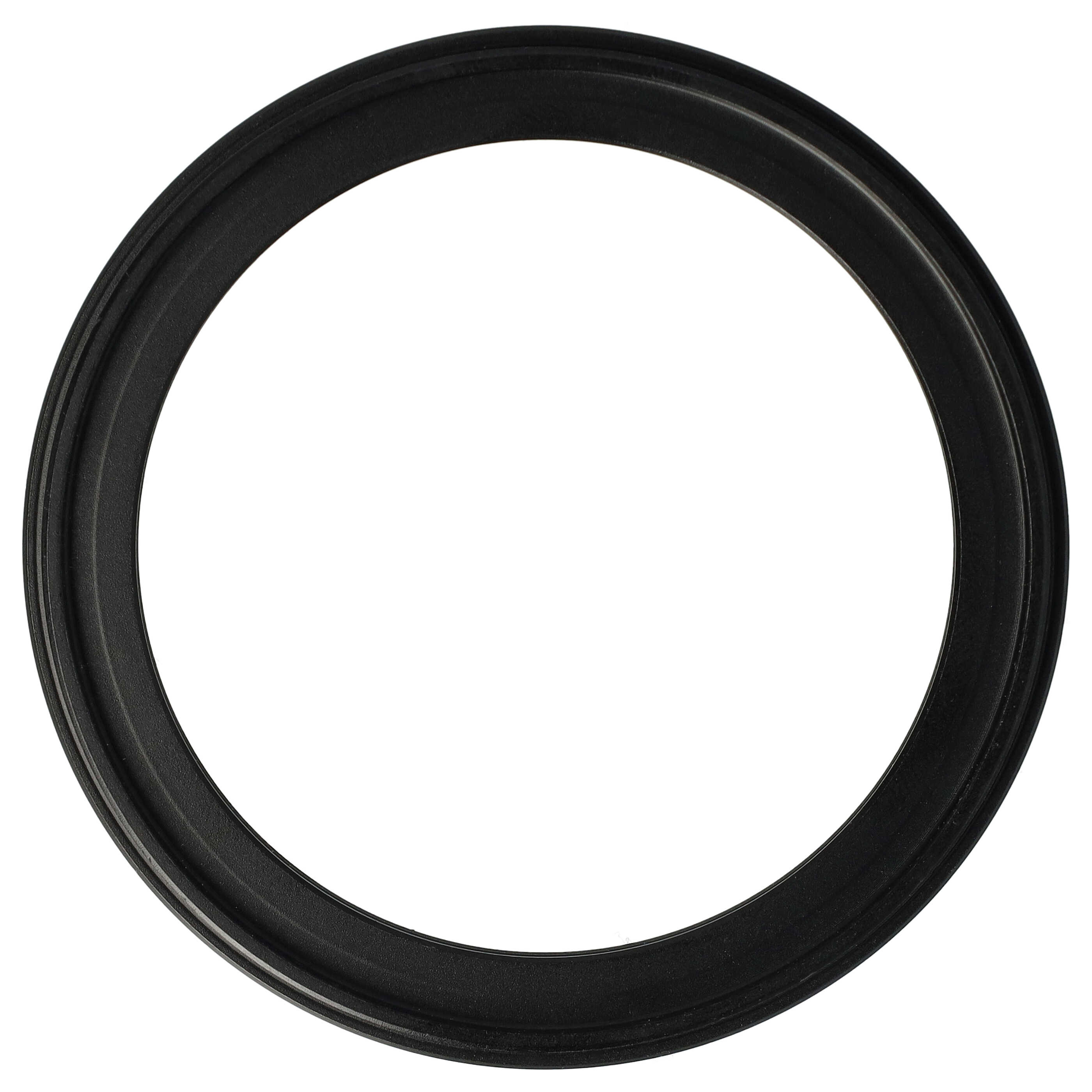 Ein schwarzes, kreisförmiges Objekt mit geriffelter Textur, das einem Objektivring ähnelt, vor weißem Hintergrund.