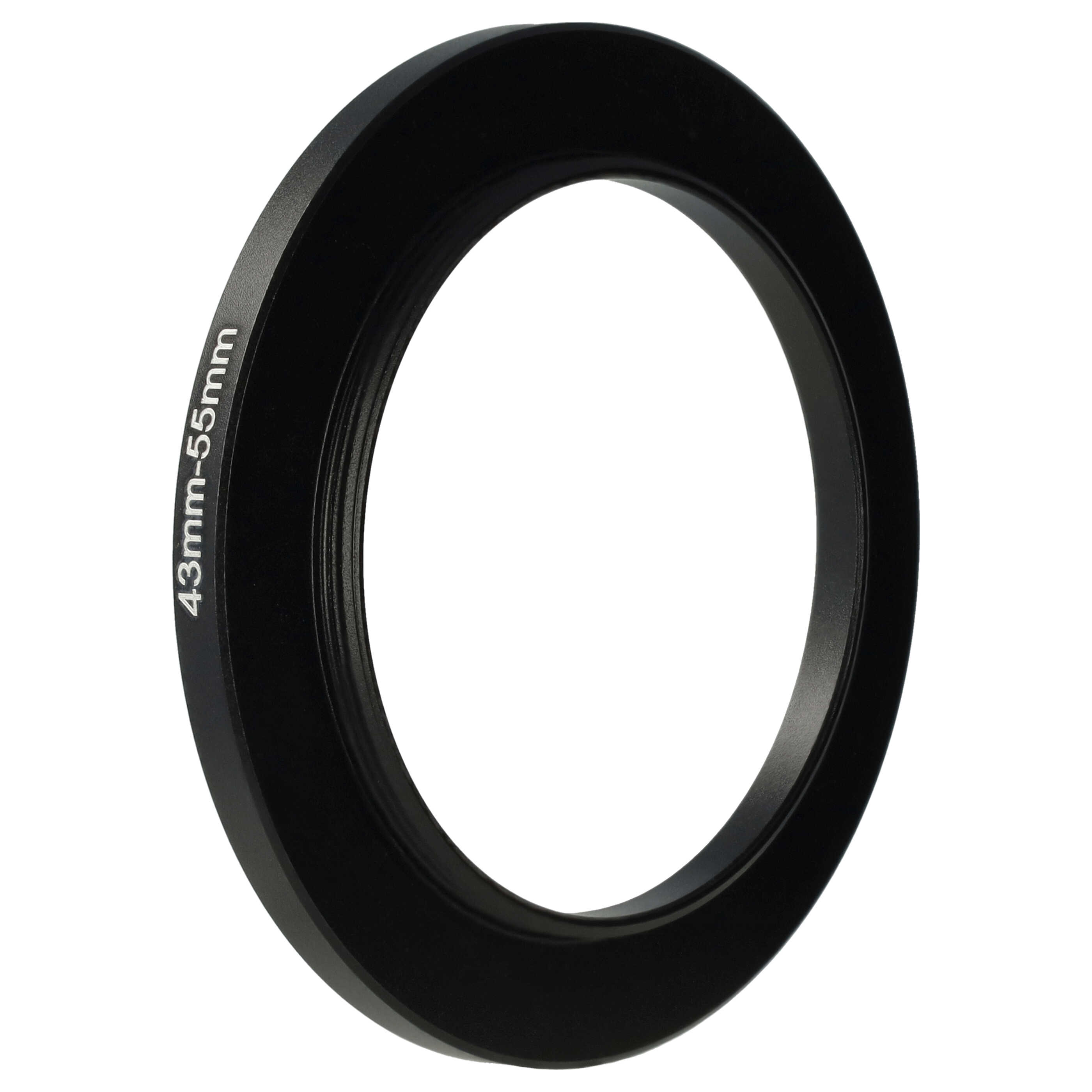 Ein schwarzer Objektivadapterring mit weißem Text '43mm-55mm' auf weißem Hintergrund.