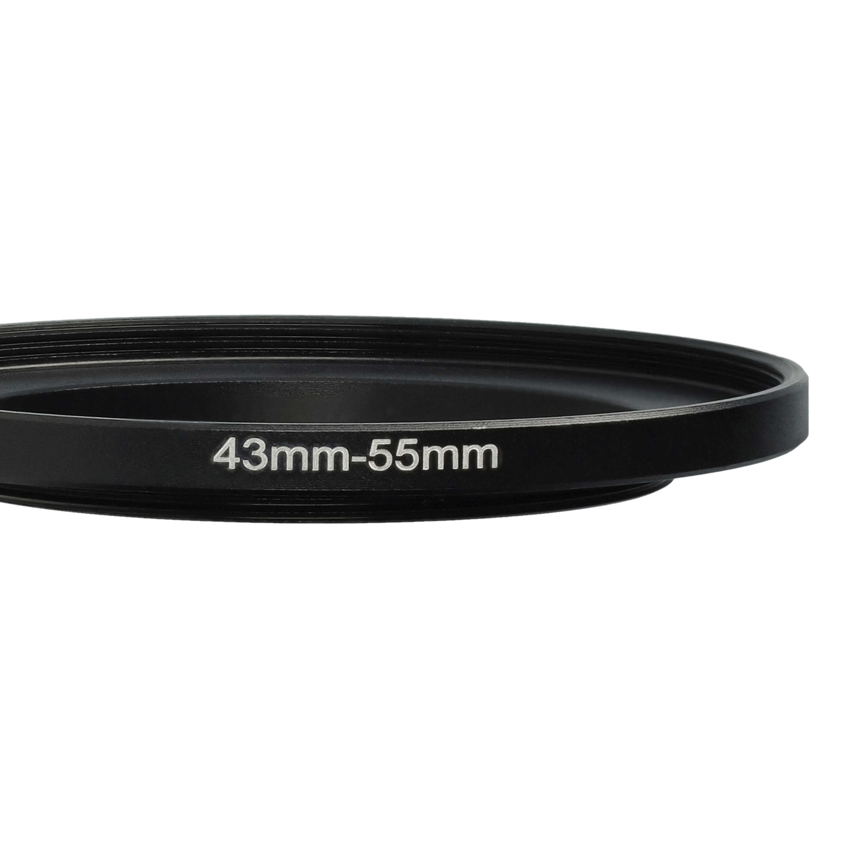 Schwarzer Objektivadapterring mit weißem Text "43mm-55mm" auf weißem Hintergrund.