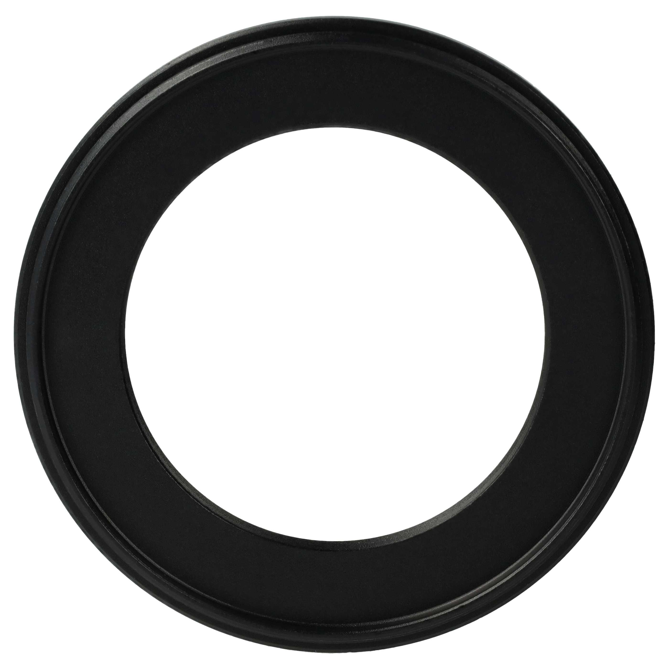 Ein schwarzes kreisförmiges Objekt mit weißem Hintergrund. Das Objekt scheint ein Objektivring zu sein.