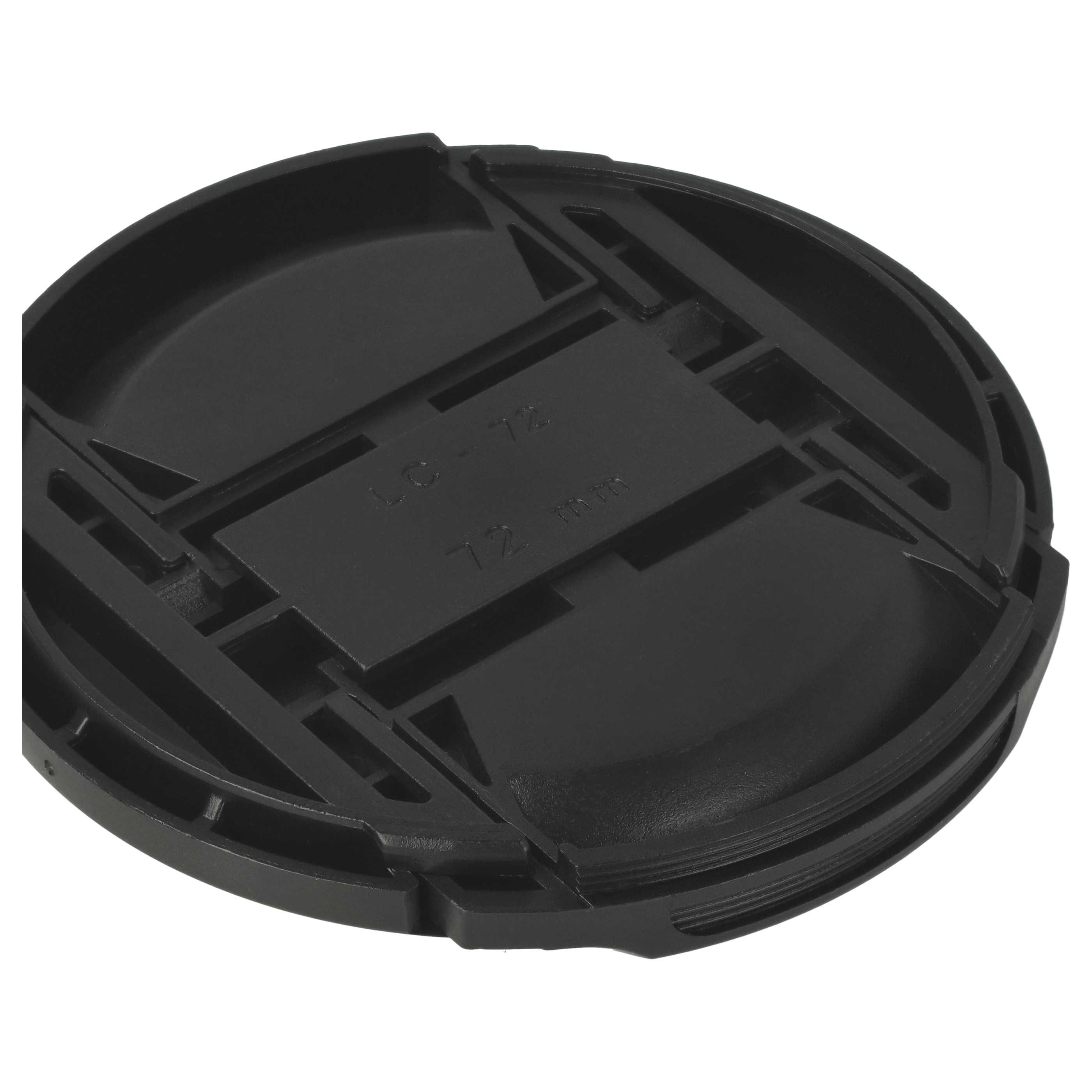 Eine schwarze Objektivkappe. Sie trägt die Aufschrift LC - 72 und 72 mm. Die Kappe ist kreisförmig mit strukturierter Oberfläche.