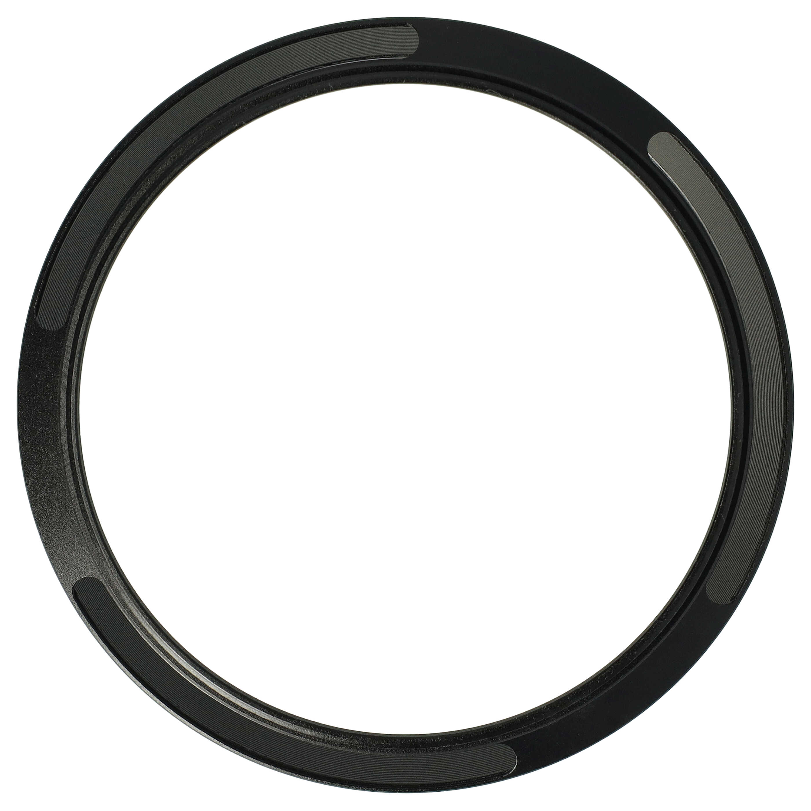 Ein schwarzes kreisförmiges Objekt, möglicherweise ein Ring oder ein Maschinenteil, vor weißem Hintergrund. Es hat eine strukturierte Oberfläche.