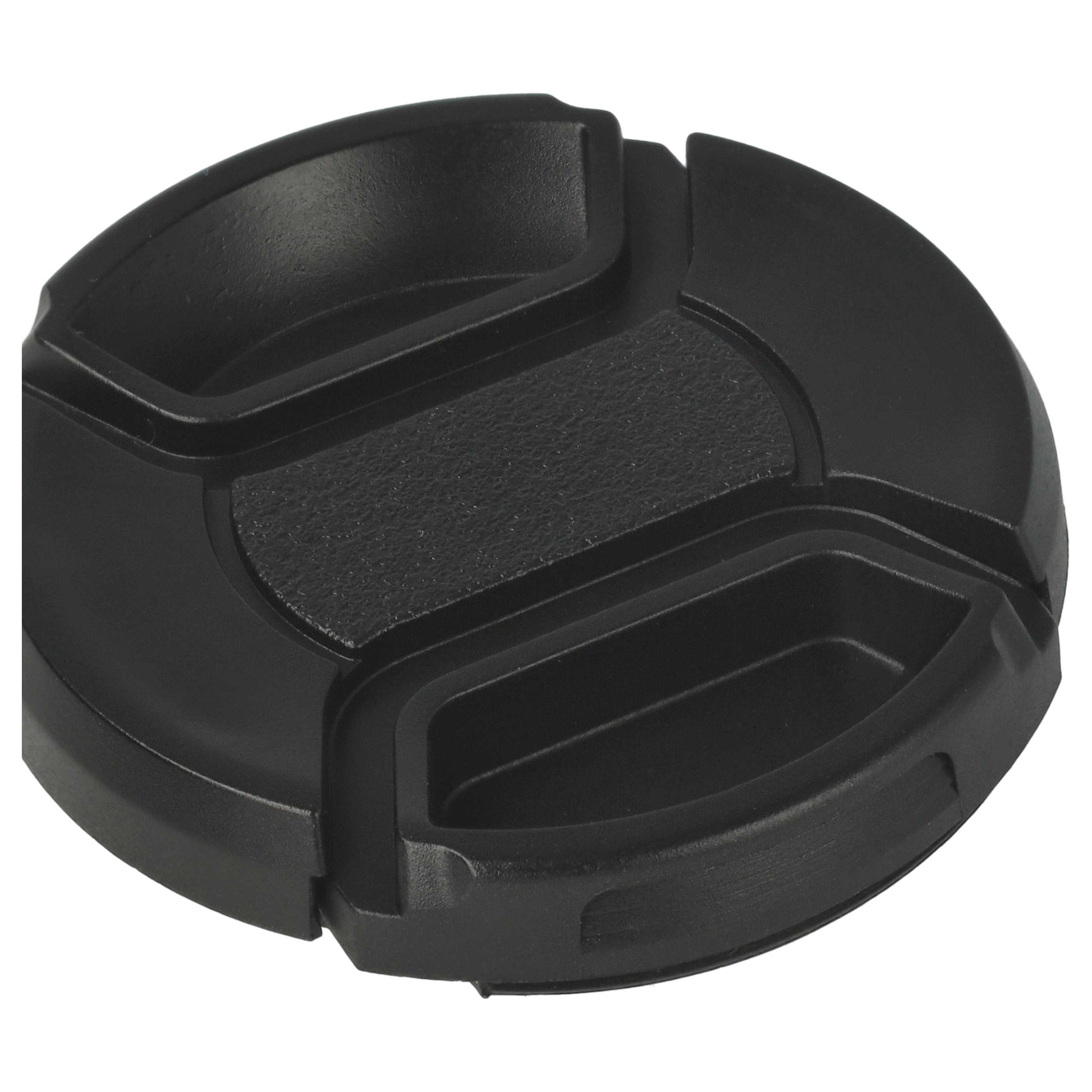 Eine schwarze Objektivkappe. Sie ist rund mit strukturierter Mitte und glattem, gebogenem Rand.