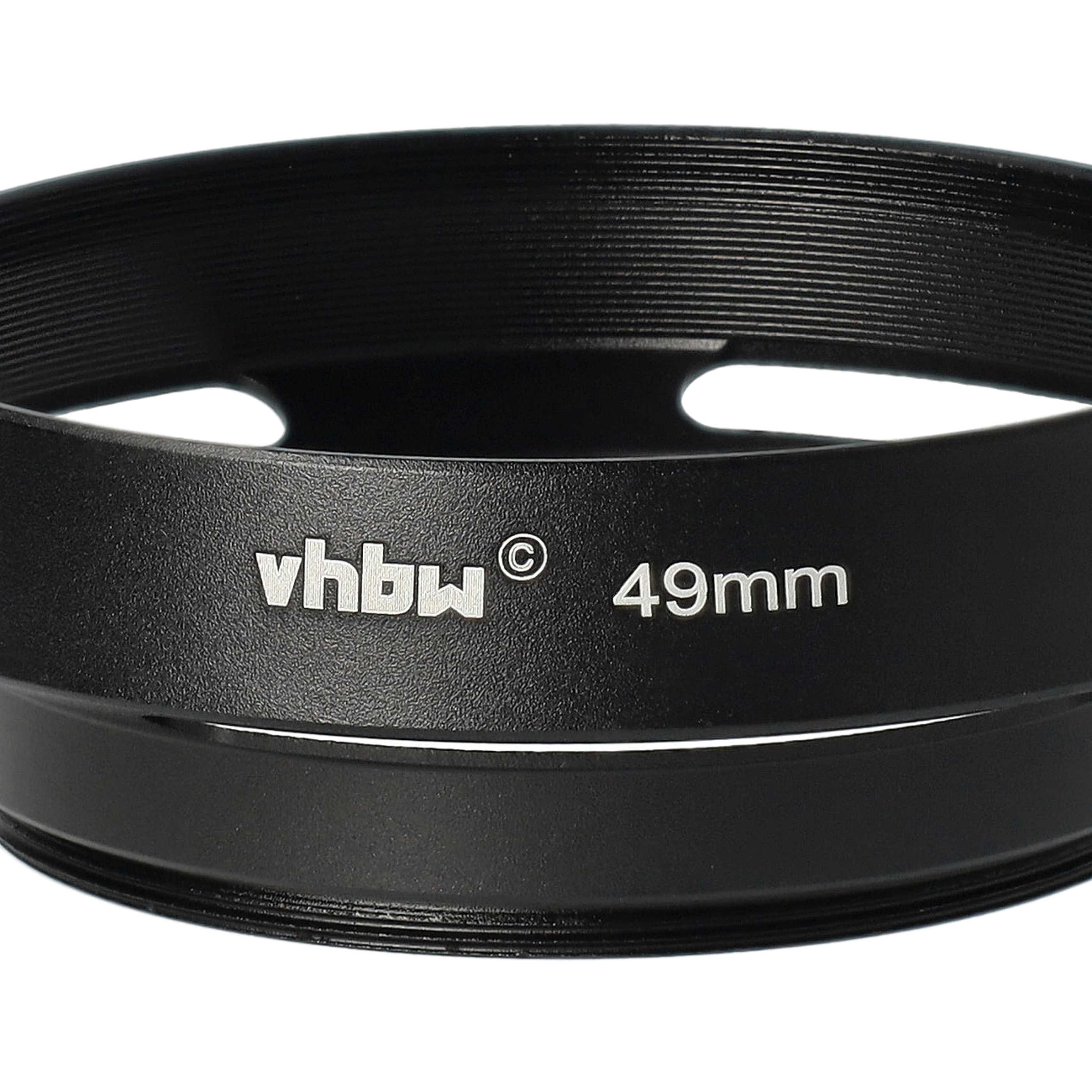Schwarze Sonnenblende mit 'vhbw'- und '49mm'-Schriftzug. Sie hat eine geriffelte Außenkante.