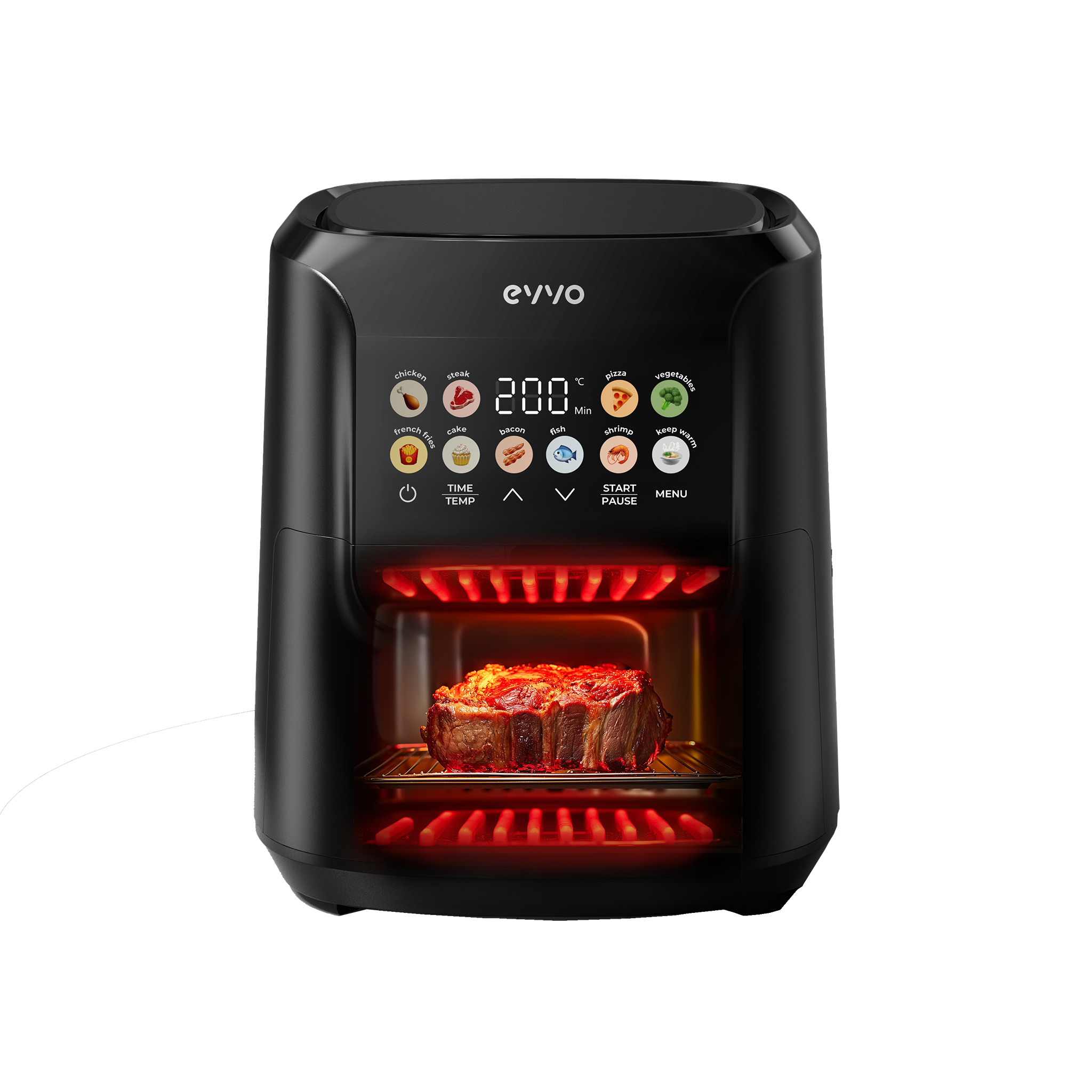 Una friggitrice ad aria nera con una bistecca all'interno. Ha un display digitale che mostra 200°C. Vengono visualizzate varie opzioni di cottura.