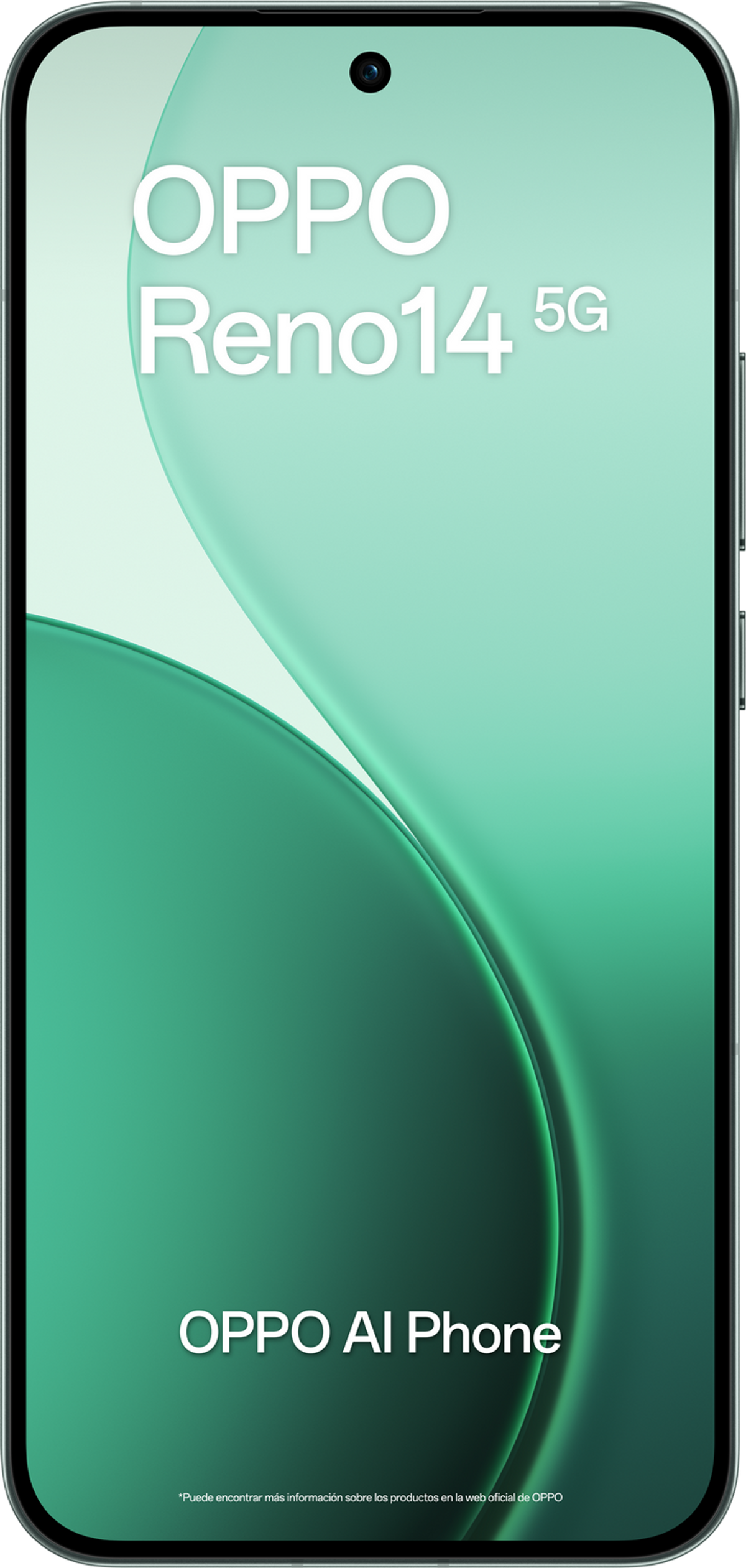 Telefon OPPO Reno14 5G na wyświetlaczu, z zielonym gradientem. Telefon ma przedni aparat i napis "OPPO AI Phone".