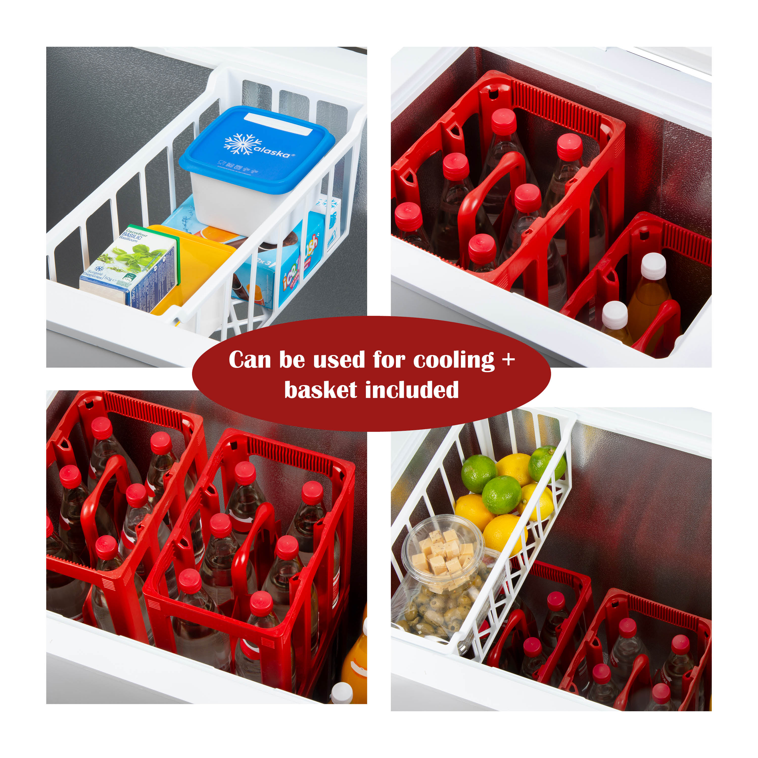 Interieur van de koelkast met diverse items: drankjes in rode kratten, een blauwe container en fruit in een mand.