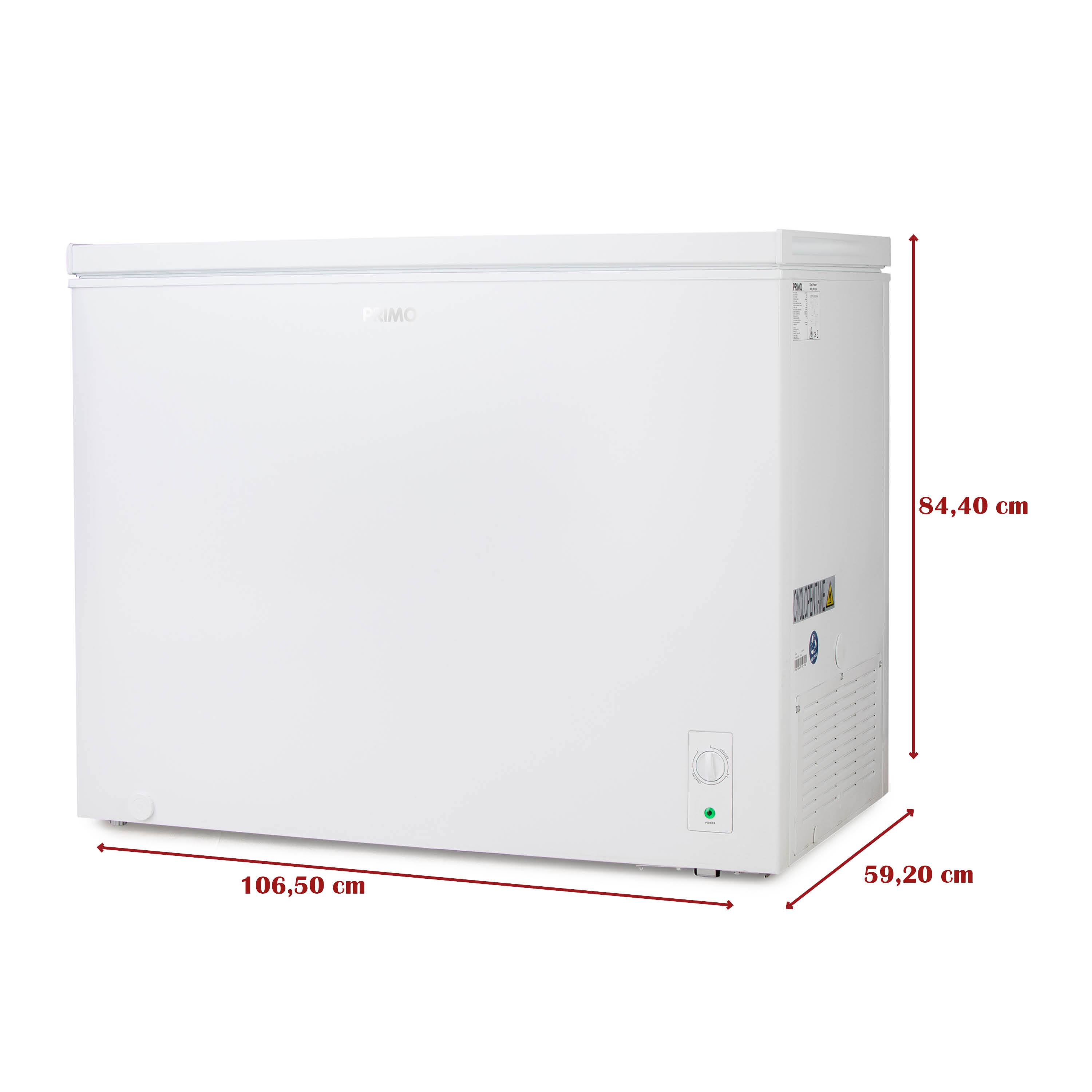 Congélateur coffre PRIMO blanc avec dimensions. 106,50 cm de large, 84,40 cm de haut et 59,20 cm de profondeur.