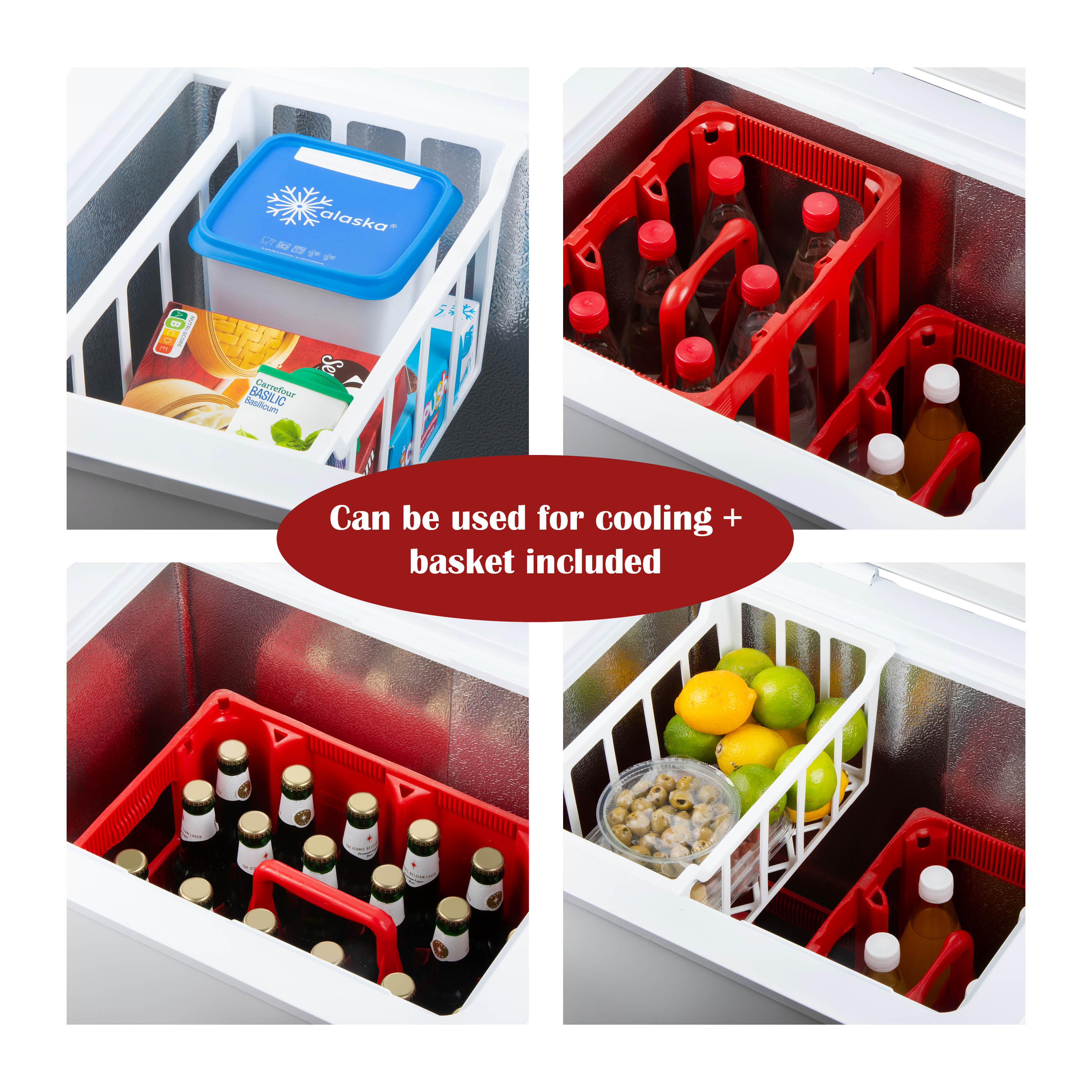 Intérieur de réfrigérateur avec aliments et boissons dans des paniers et des caisses. Comprend des boissons, des aliments surgelés, des citrons et des olives.