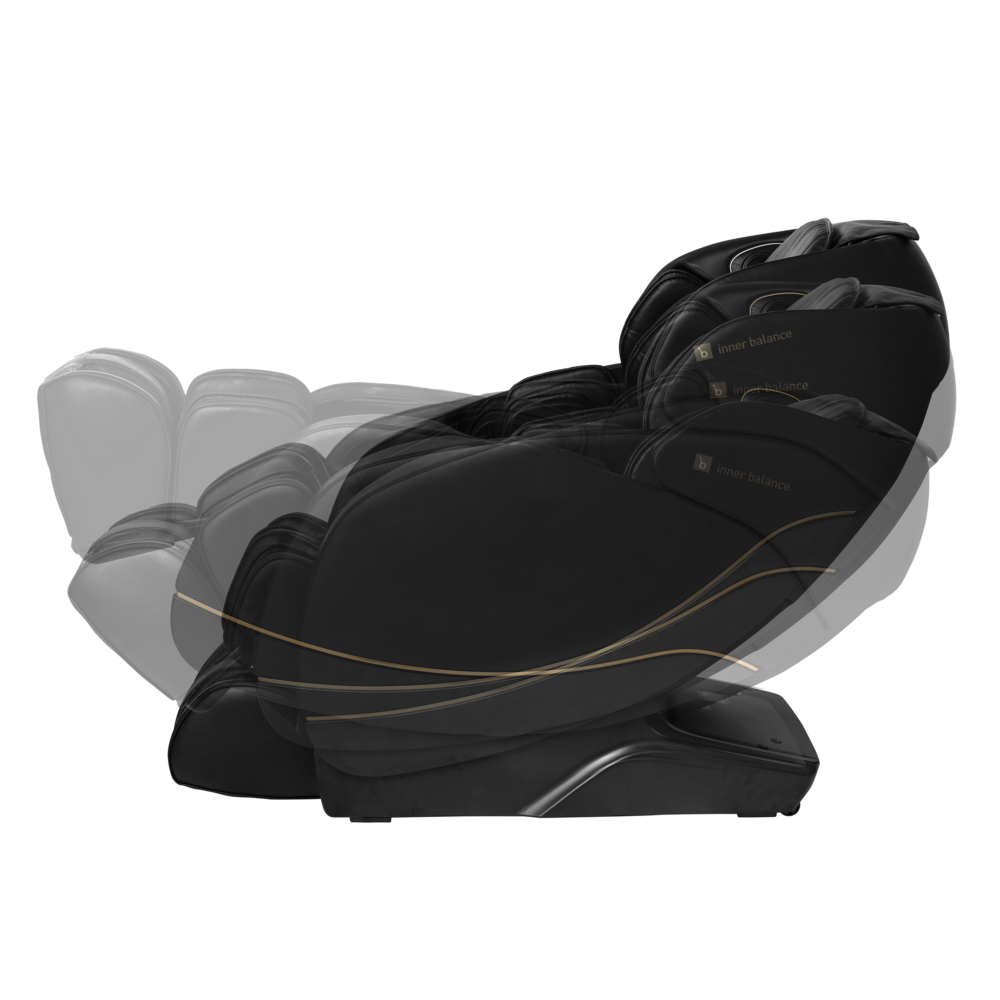 A black massage chair with multiple layers, gold accents, and the 'inner balance' logo on the side. The chair is set against a white background.