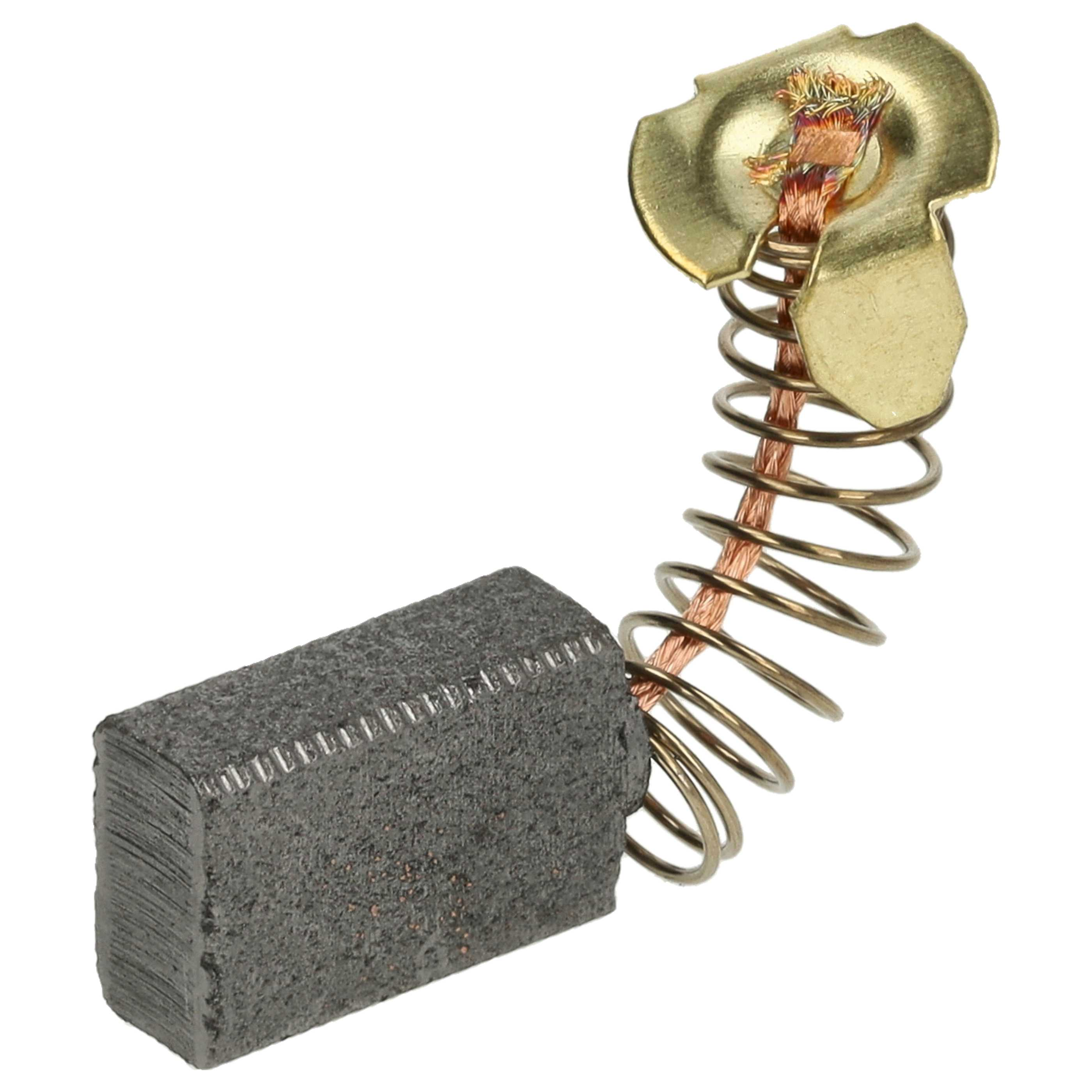 Nahaufnahme einer Kohlebürste für einen Motor. Sie hat einen rechteckigen Körper, eine Messingfeder und einen Kupferdraht.