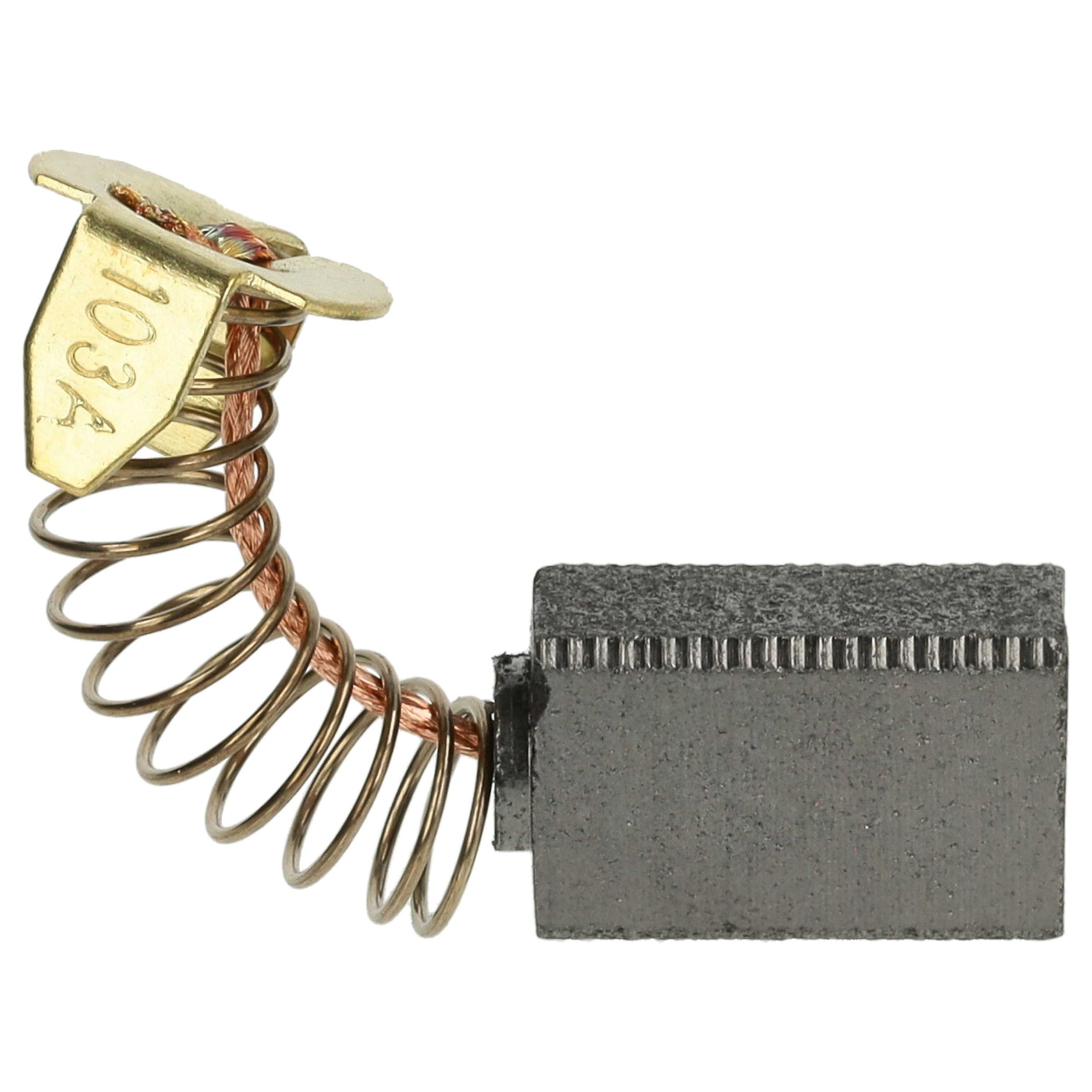 Ein Kohlebürste mit Metallfeder und Stecker. Die Bürste ist grau, die Feder bronzefarben und der Stecker goldfarben.