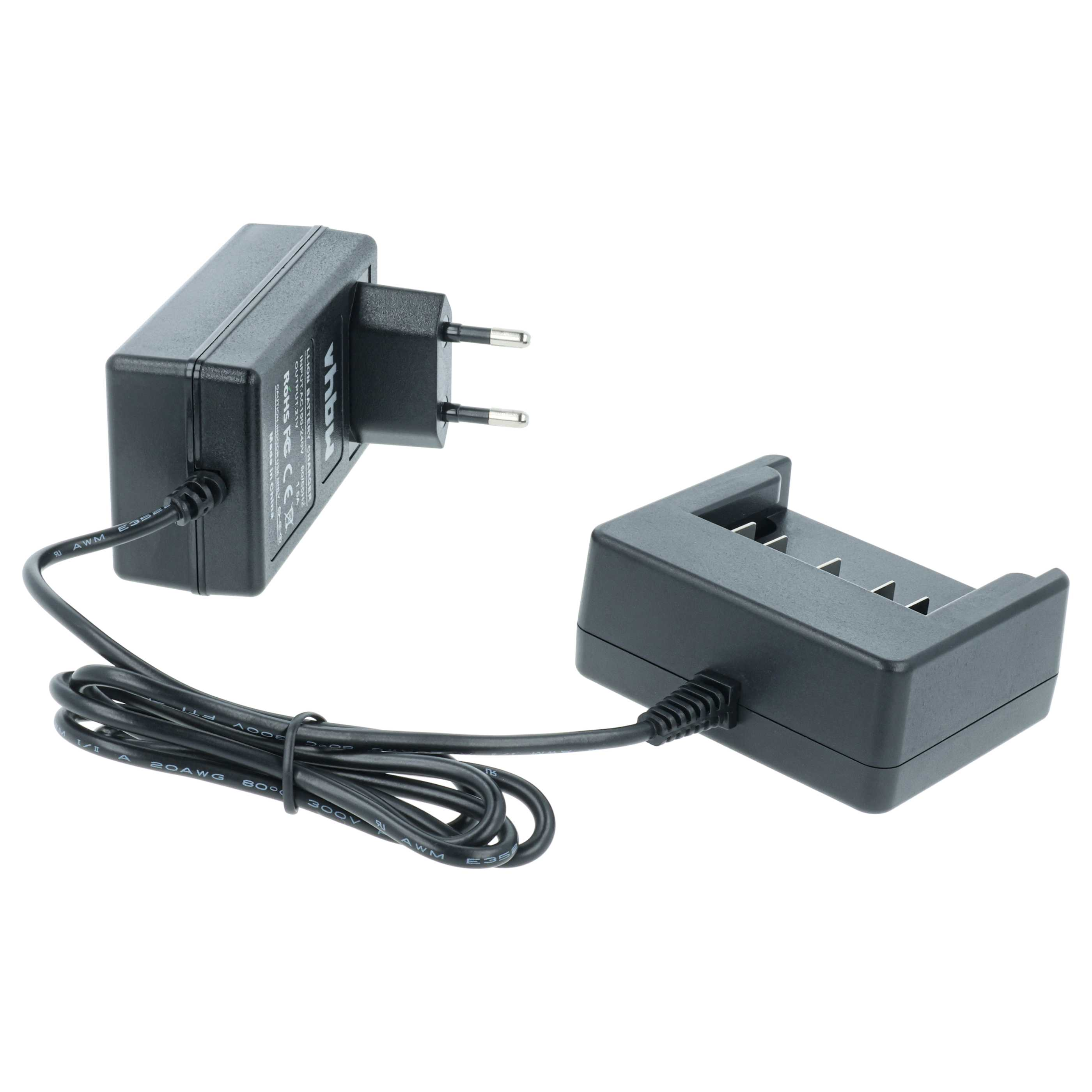 Schwarzes Ladegerät und Ladestation, verbunden durch ein schwarzes Kabel, auf weißem Hintergrund.