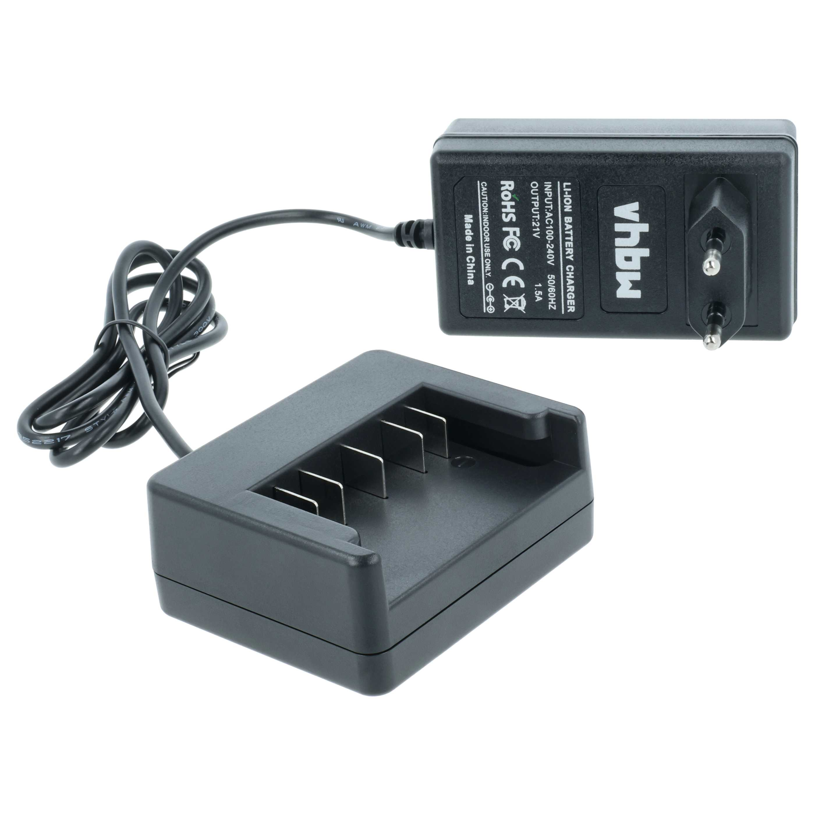 Ein schwarzes Batterieladegerät und eine Ladeschale. Das Ladegerät hat einen Stecker und die Schale Schlitze.
