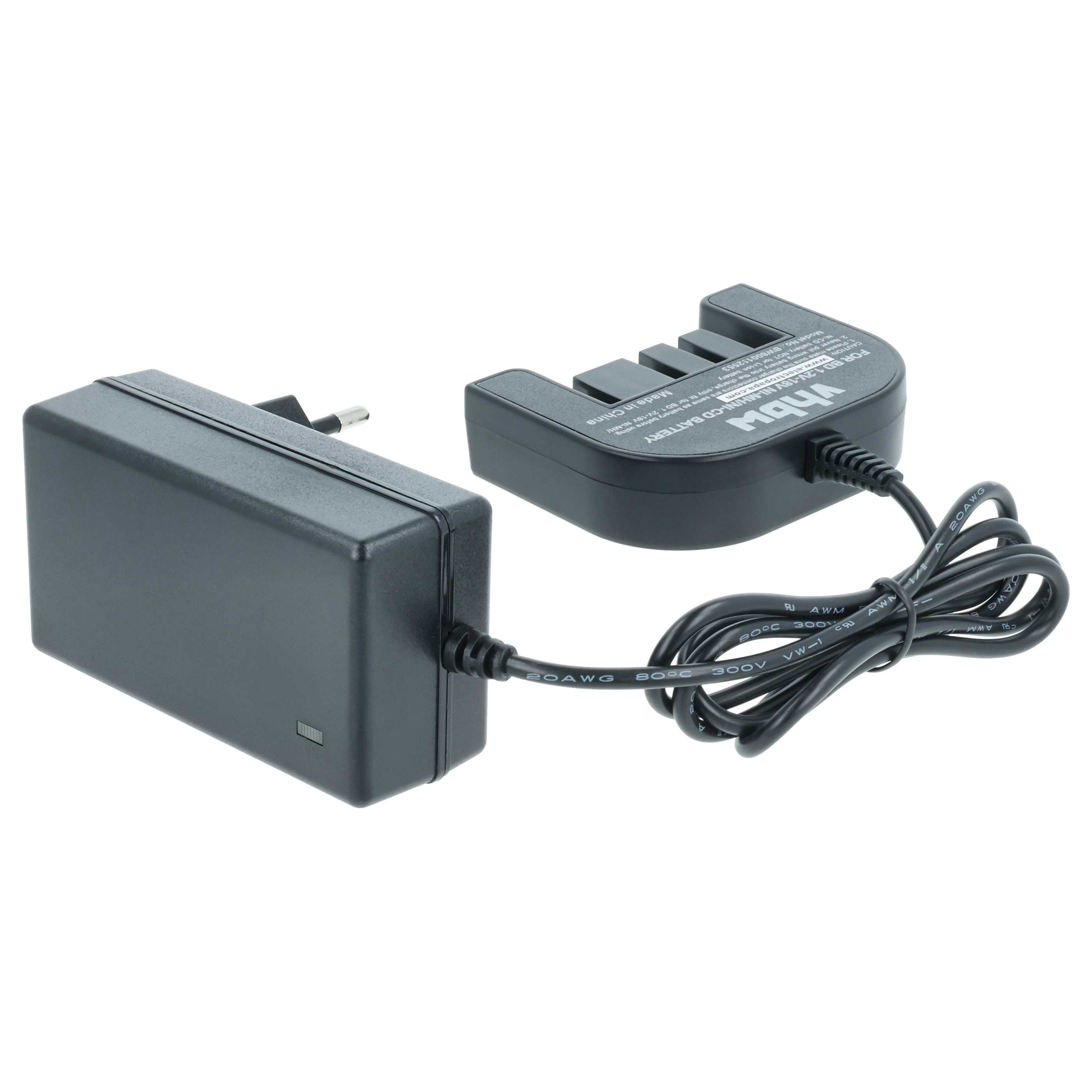 Ein schwarzes Batterieladegerät mit zwei Teilen, die durch ein schwarzes Kabel und einen Stecker verbunden sind.