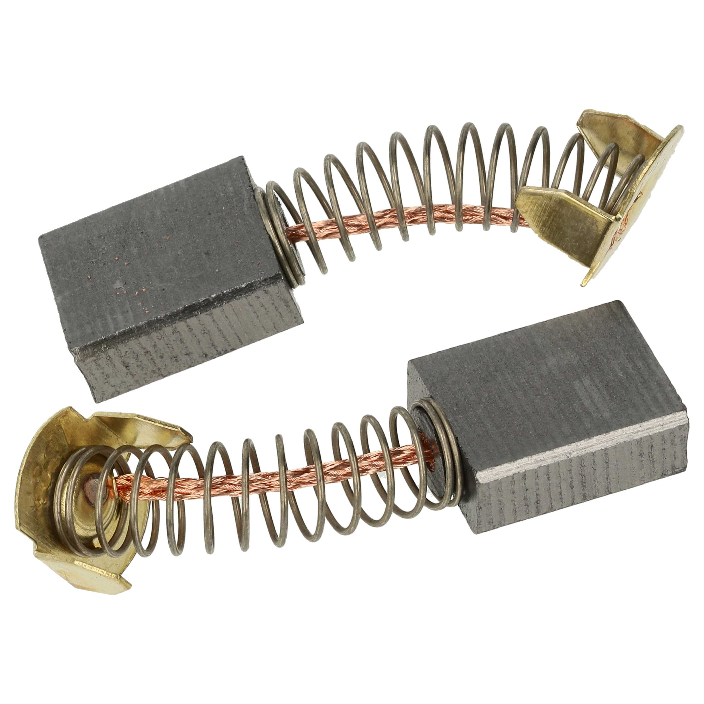 Zwei Kohlebürsten für einen Elektromotor. Jede hat einen rechteckigen Kohleblock, eine Feder und eine Metallhalterung.