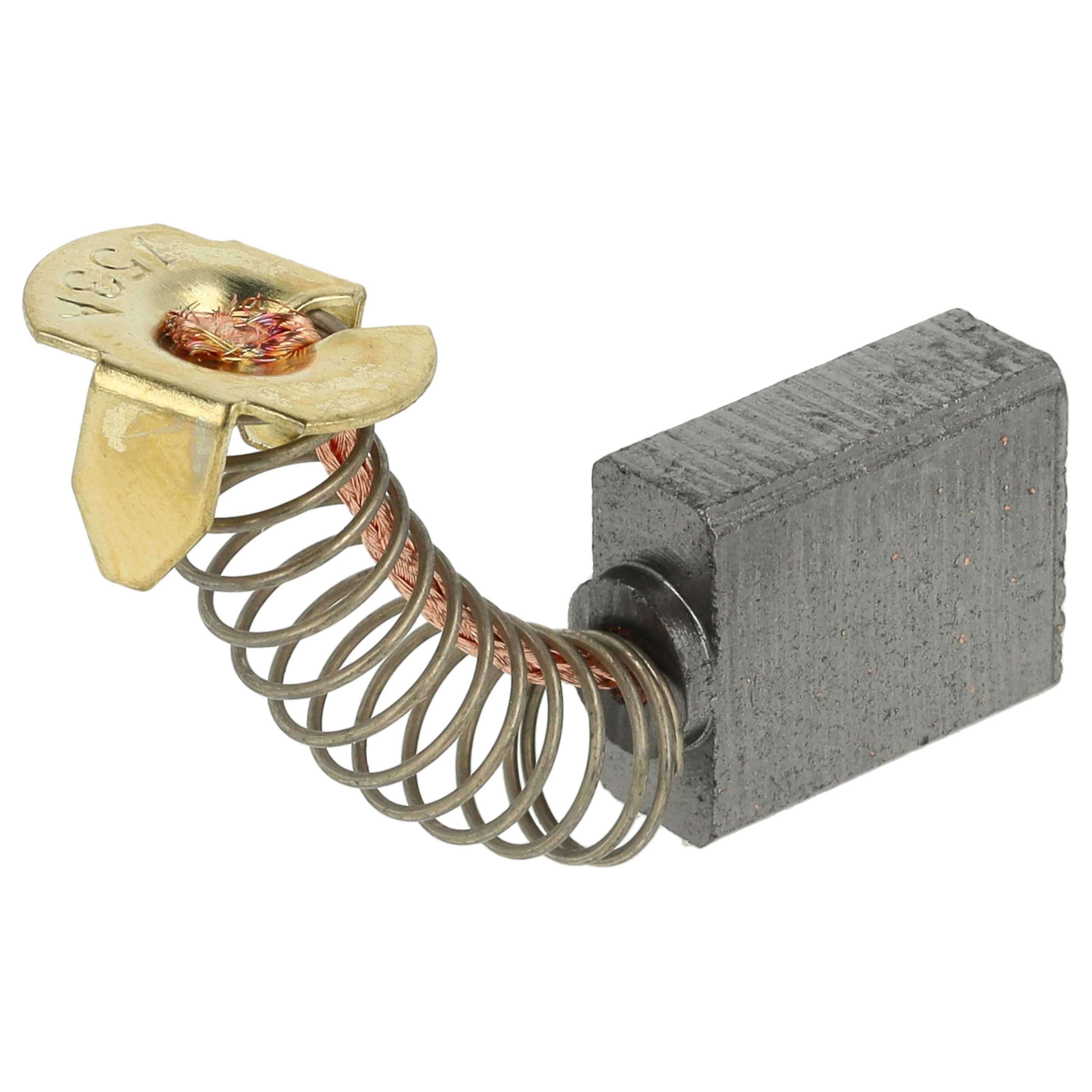Nahaufnahme einer elektrischen Komponente mit einem grauen Kohlenstoffblock, einem goldfarbenen Metallstück und einer Kupferfeder.