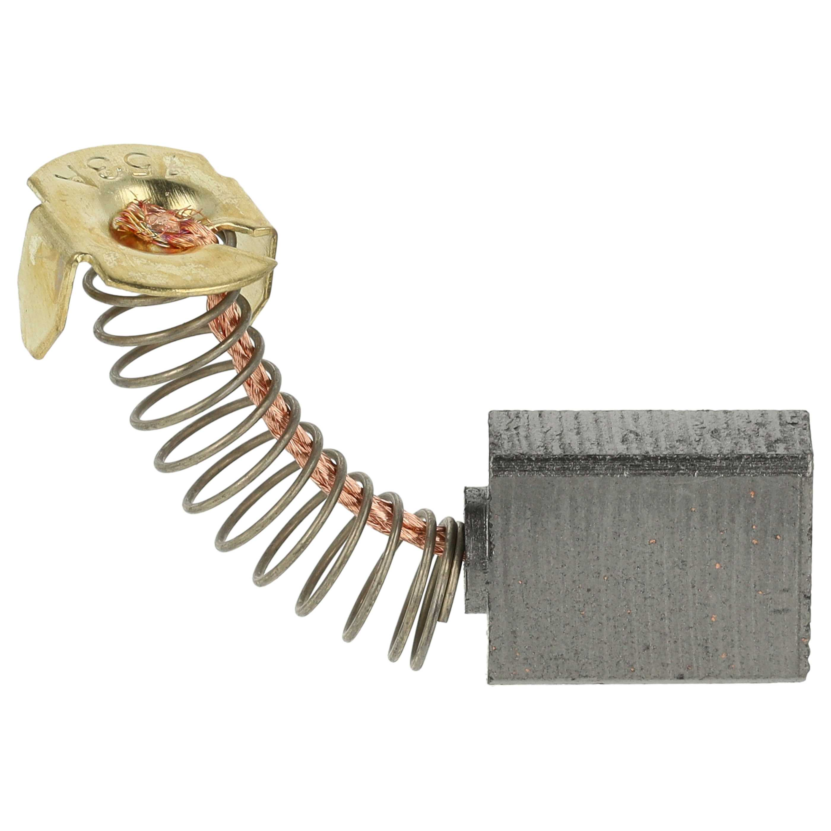 Eine Kohlebürstenbaugruppe mit Metallfeder, Messingkontakt und grauem rechteckigem Kohleblock.