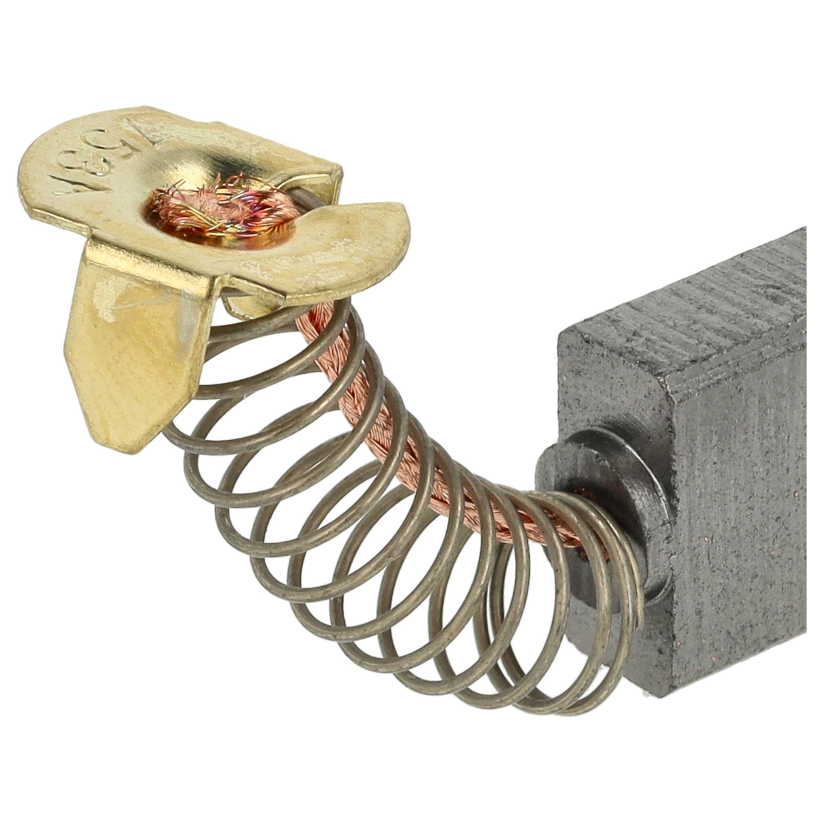 Nahaufnahme einer Maschinenkomponente mit einem goldfarbenen Metallstück, Kupferdraht und einem grauen rechteckigen Block auf weißem Grund.