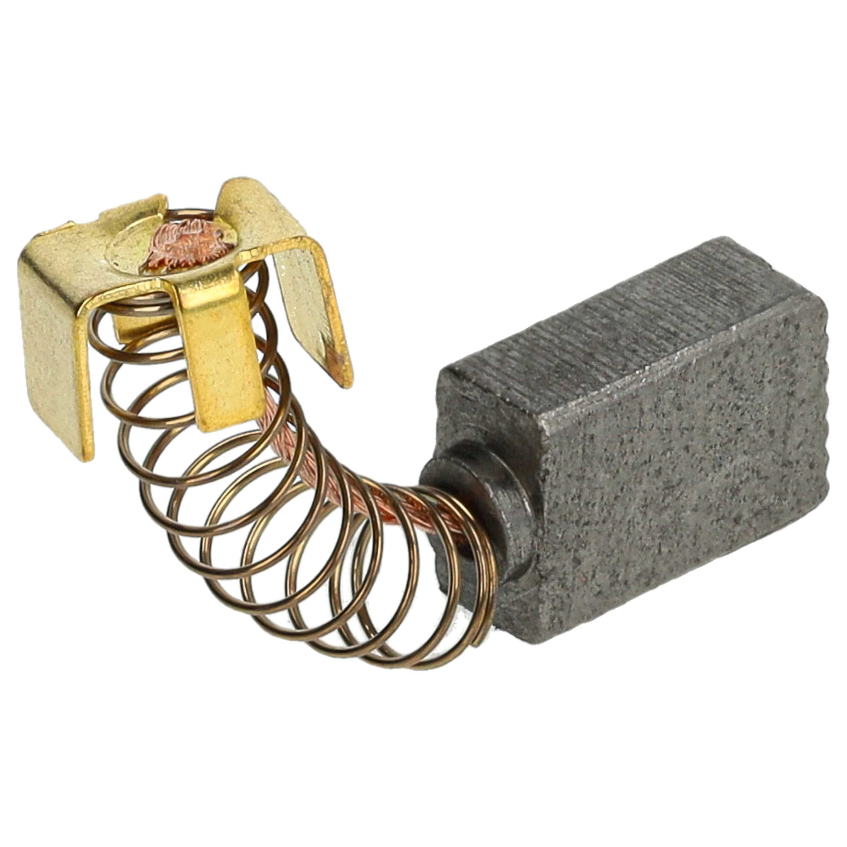 Eine Kohlebürstenanordnung. Es hat einen rechteckigen Kohleblock, eine Kupferfeder und eine goldfarbene Metallhalterung.