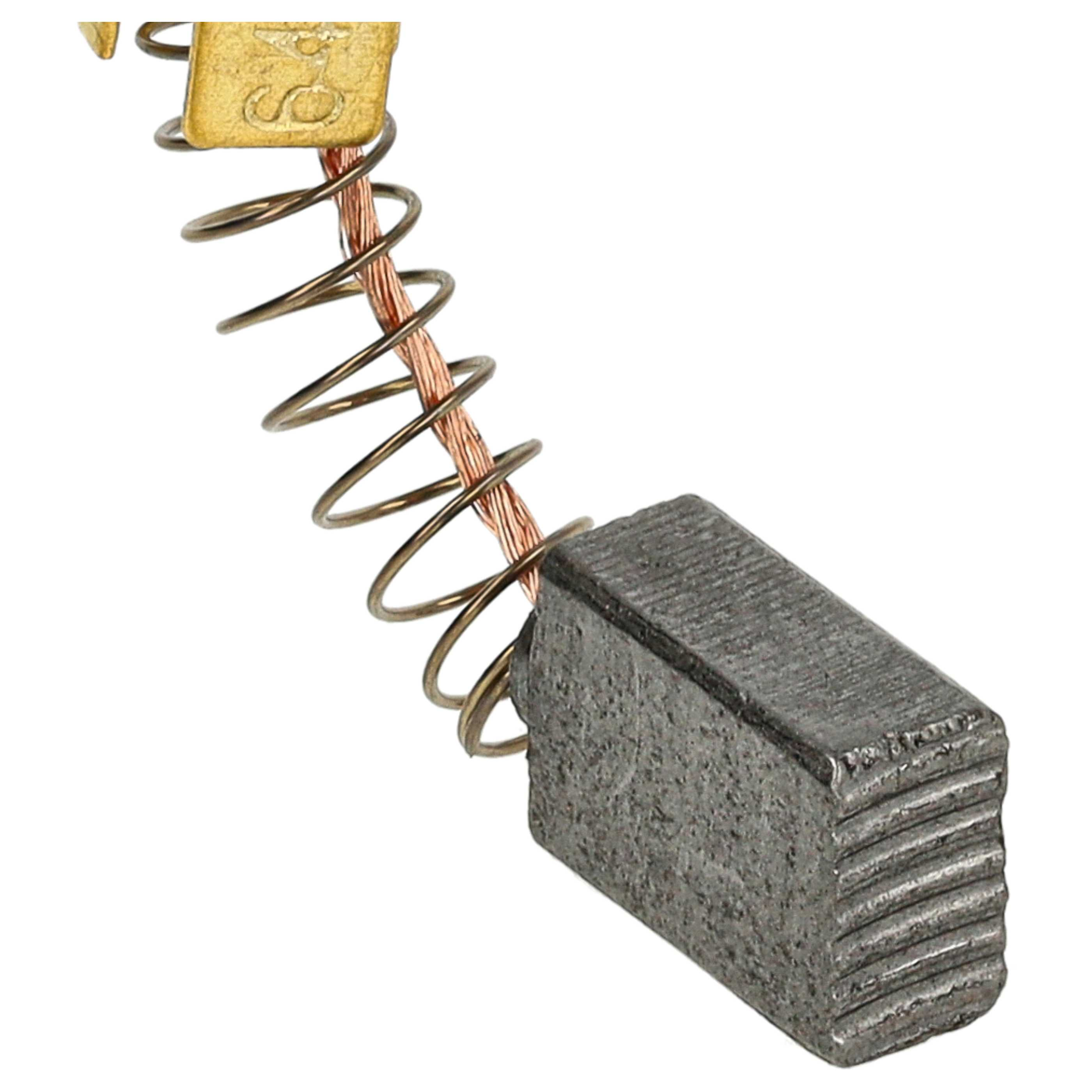 Nahaufnahme einer Kohlebürste für einen Elektromotor. Sie hat einen rechteckigen Graphitblock, eine Kupferfeder und einen Messinganschluss.
