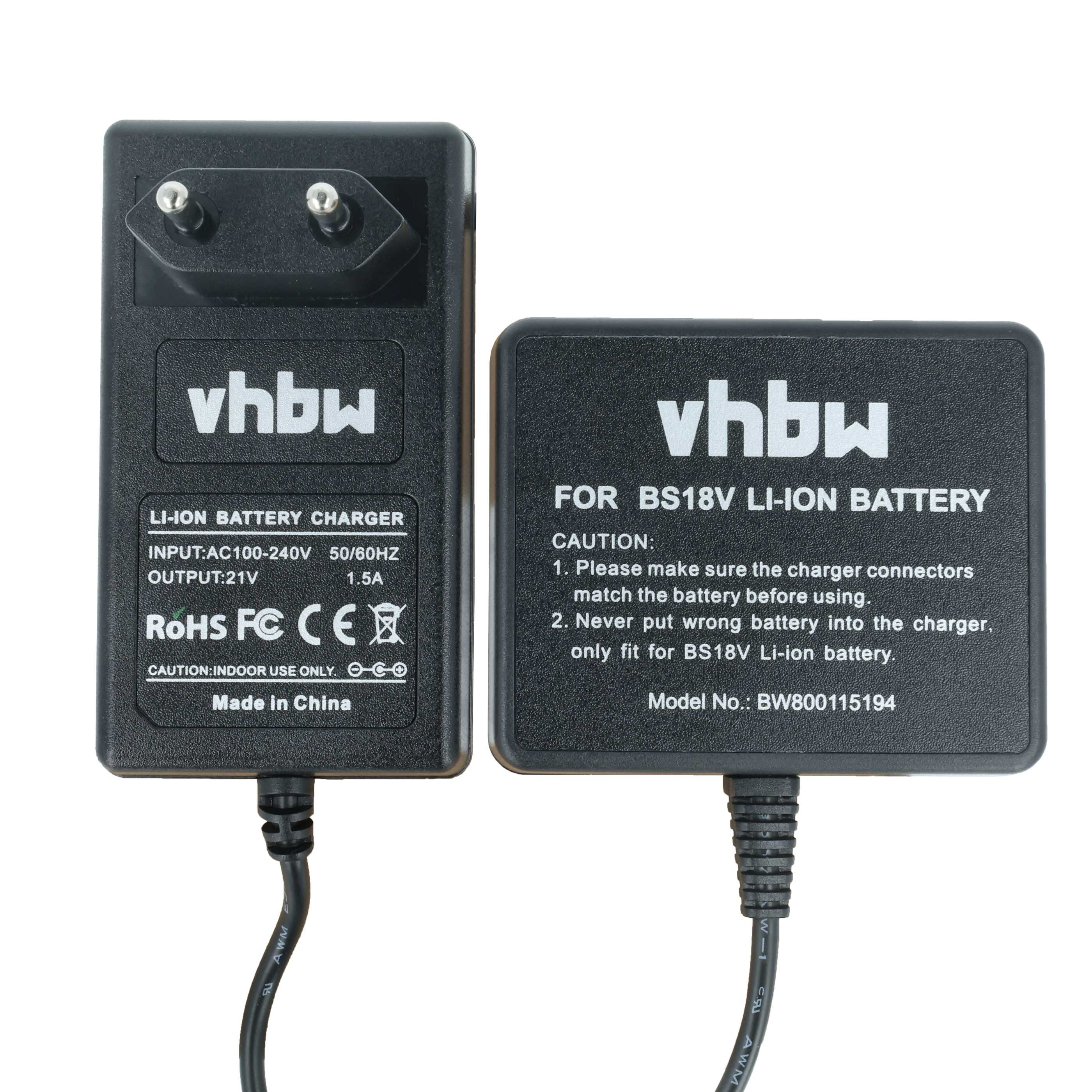 Schwarzes Batterieladegerät mit zwei Teilen, eines mit Stiften, Text: vhbw, LI-ION BATTERY CHARGER, Made in China.