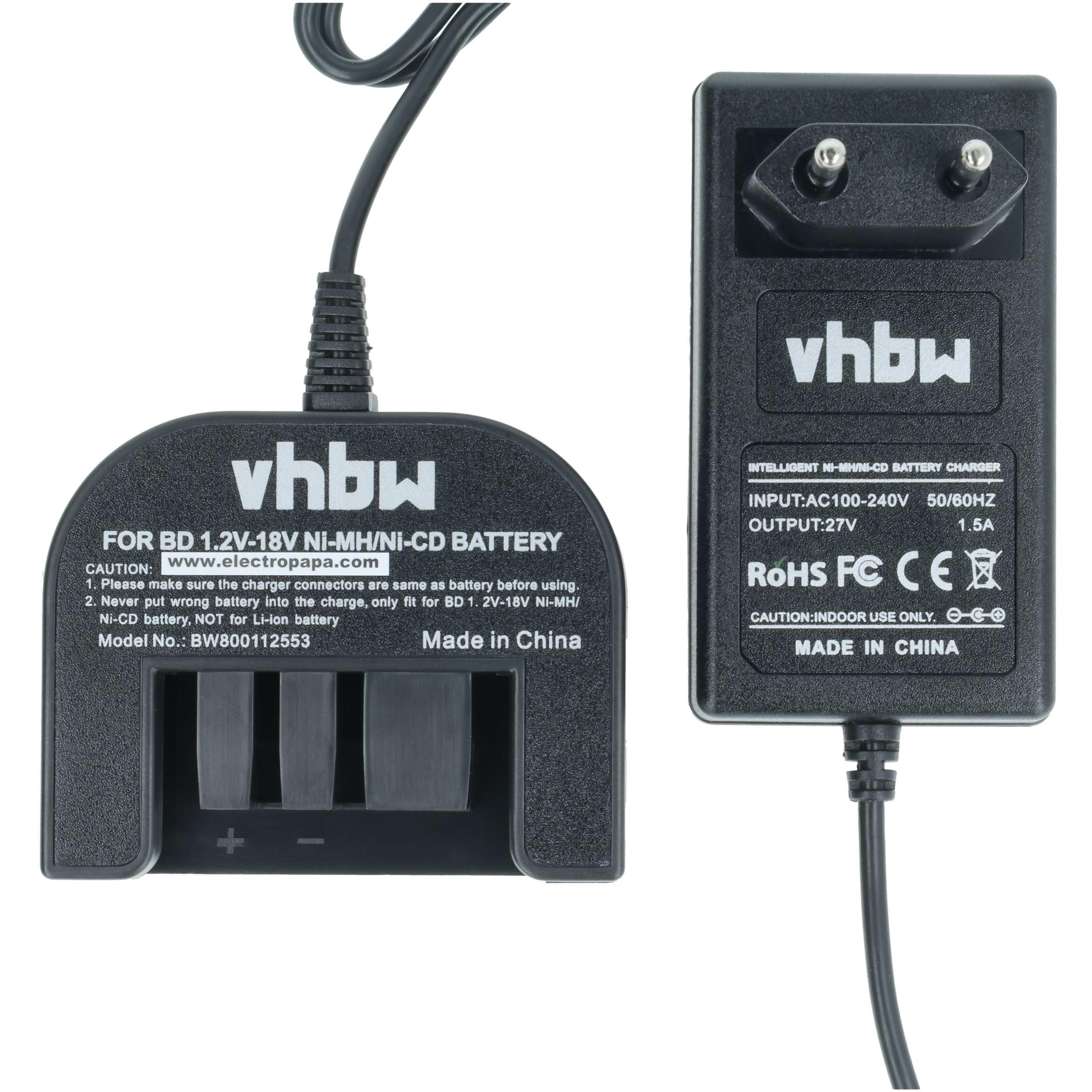 Das Bild zeigt ein schwarzes vhbw-Batterieladegerät mit Stecker und Ladestation. Text enthält Modell- und Spannungsinformationen.
