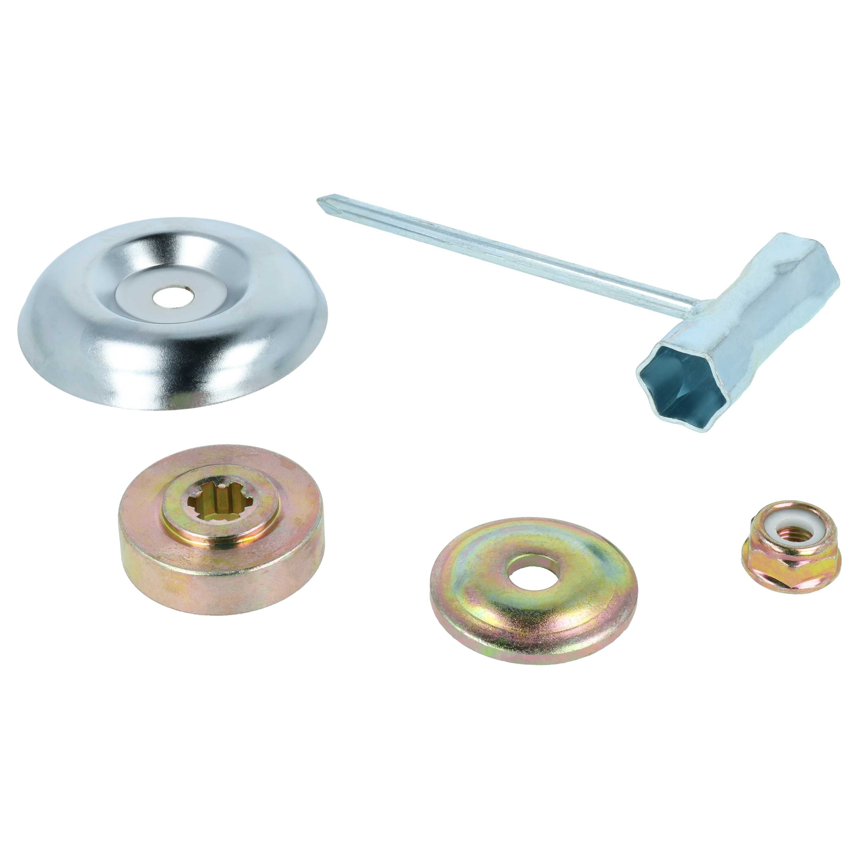 Verschiedene Metallteile auf weißem Hintergrund. Enthält einen Schraubenschlüssel, Unterlegscheiben und eine Mutter. Alle Teile sind glänzend.