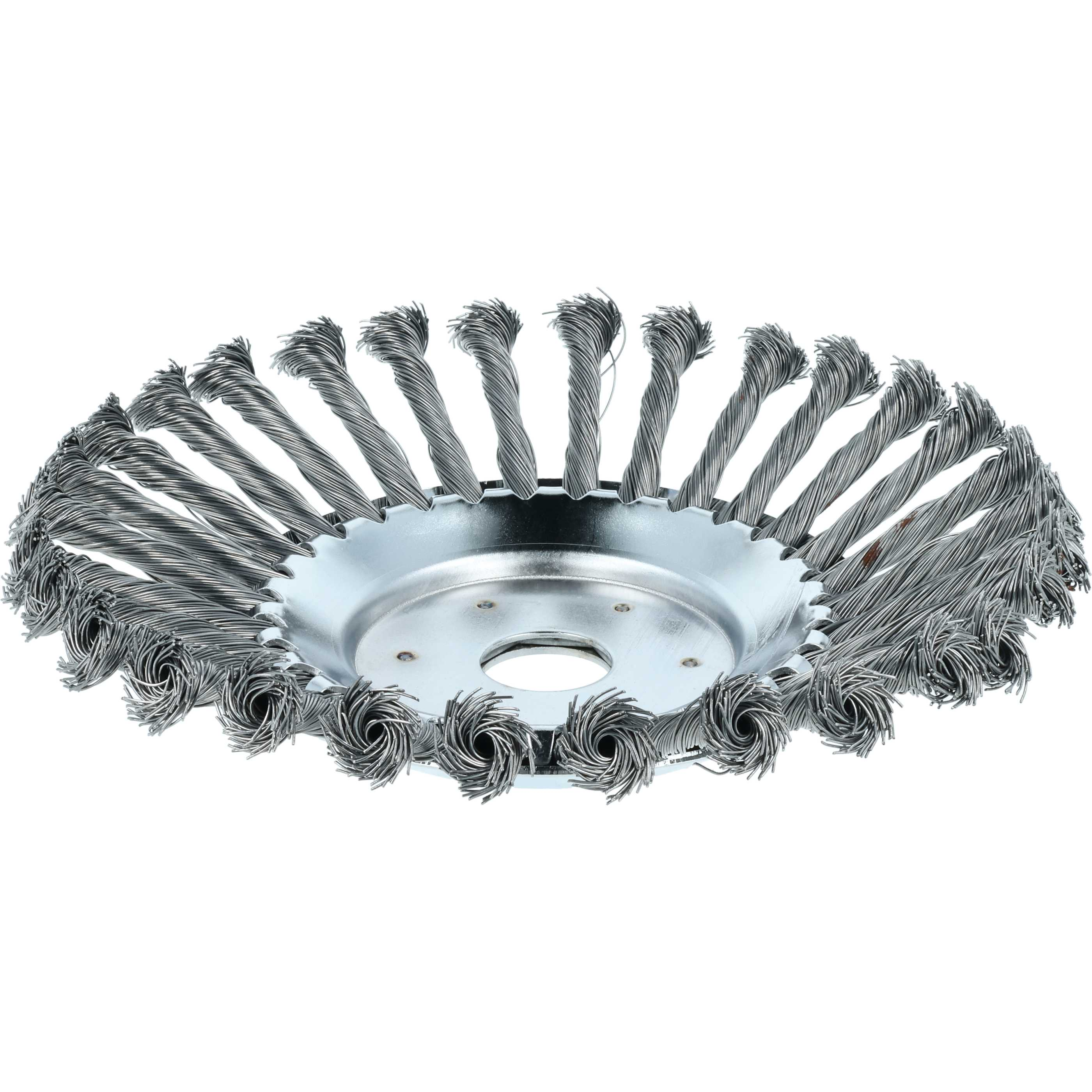 Eine Metallbürste mit kreisförmigem Design, bestehend aus verdrillten Drähten, die von einer zentralen Platte ausgehen.