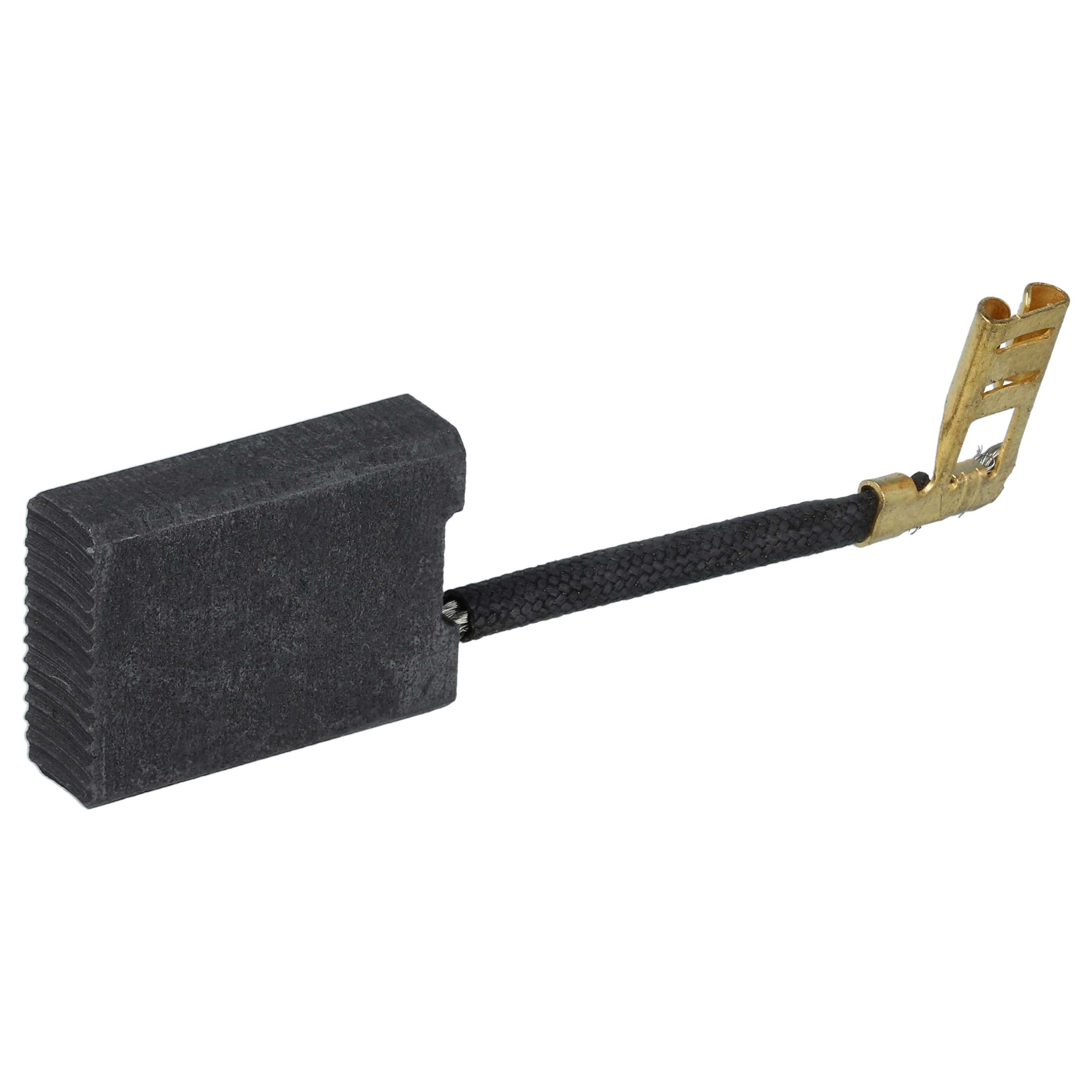 Ein schwarzer Kohlebürsten mit geflochtenem Draht und goldfarbenem Stecker. Isoliert auf weißem Hintergrund.