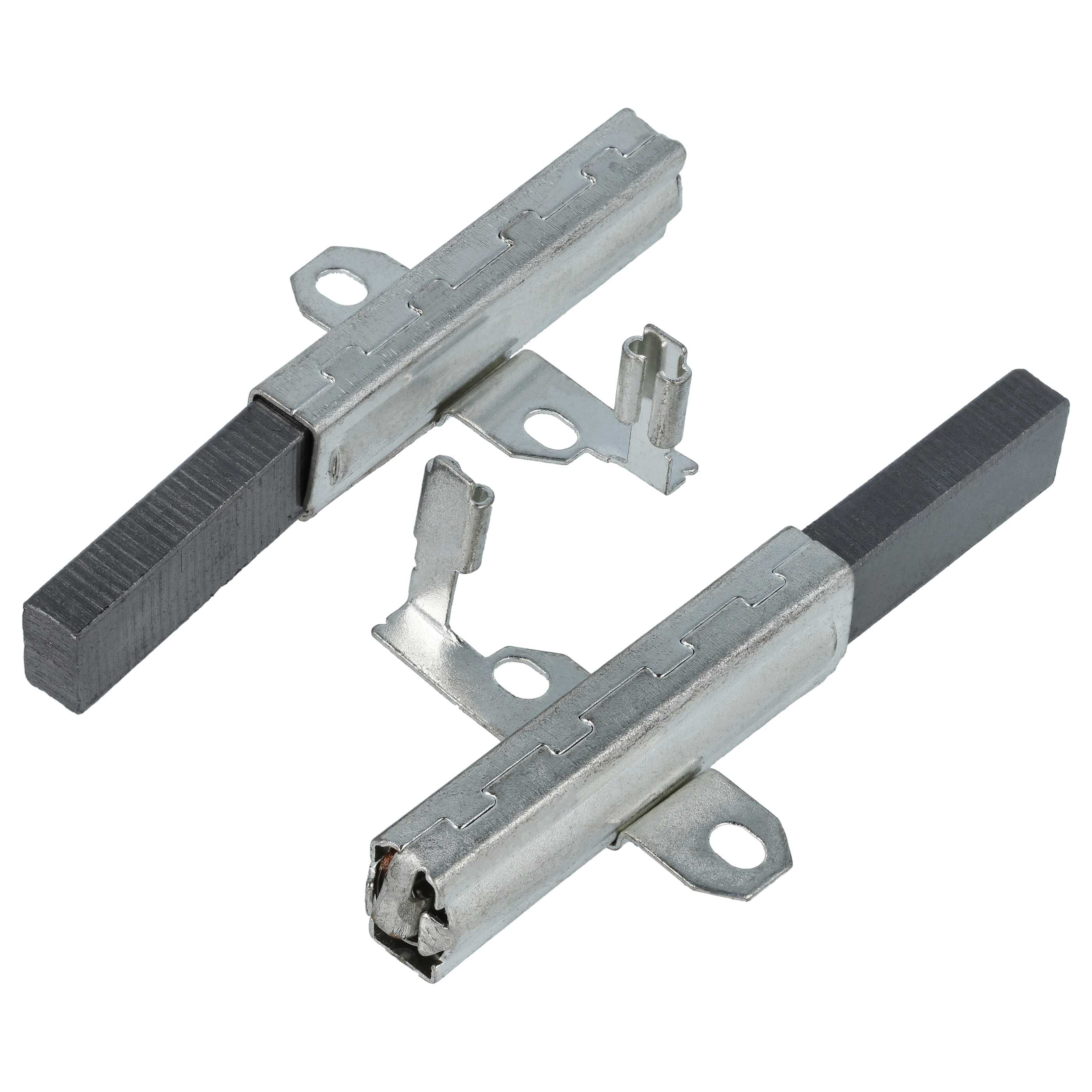 Zwei neue Kohlebürsten mit Metallhaltern. Die Bürsten sind dunkelgrau und die Halter silbern.