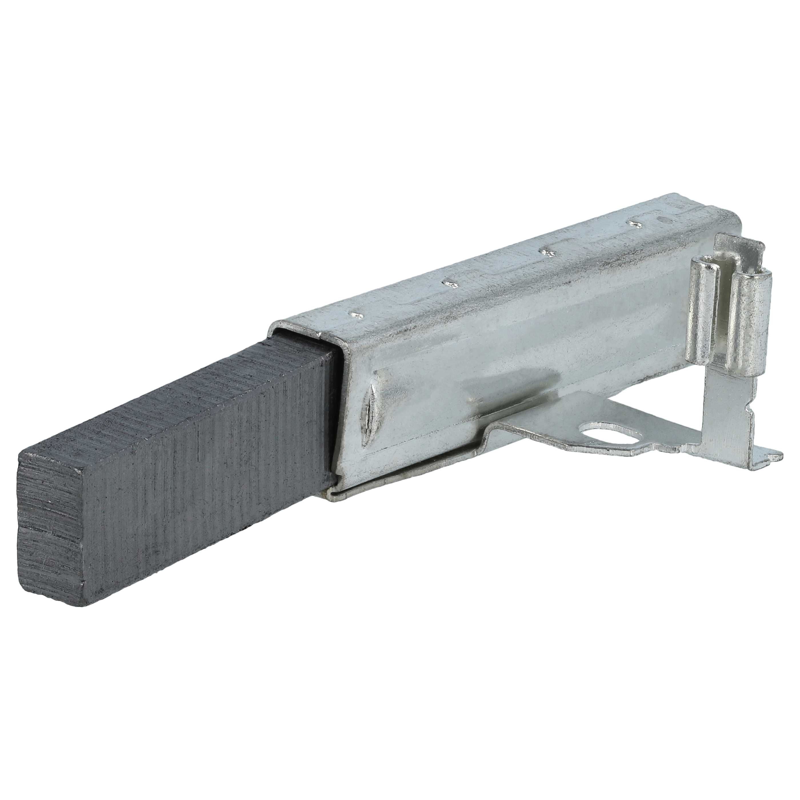 Ein Kohlebürste mit Metallgehäuse. Es ist ein rechteckiger Block aus dunkelgrauem Kohlenstoff mit einem silbernen Metallteil.